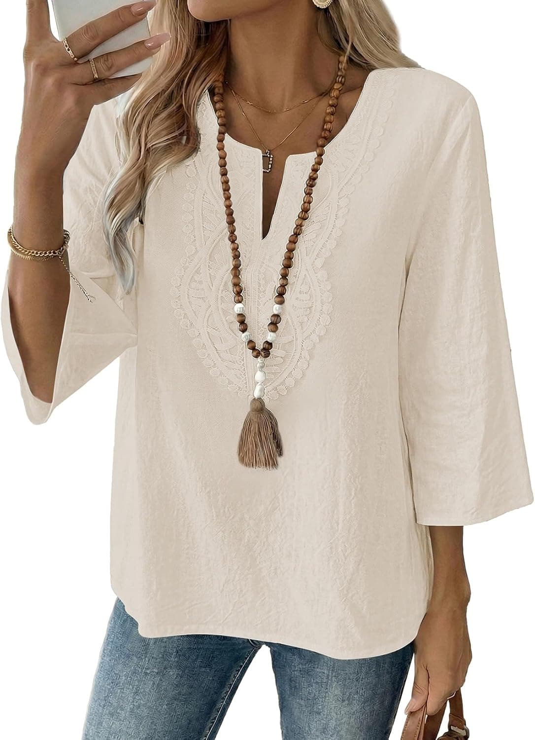 EVALESS Boho Tops for Women Blouses Dressy Casual V Neck 3/4 Sleeve Shirts Spring Outfits Trendy Vacation Clothes