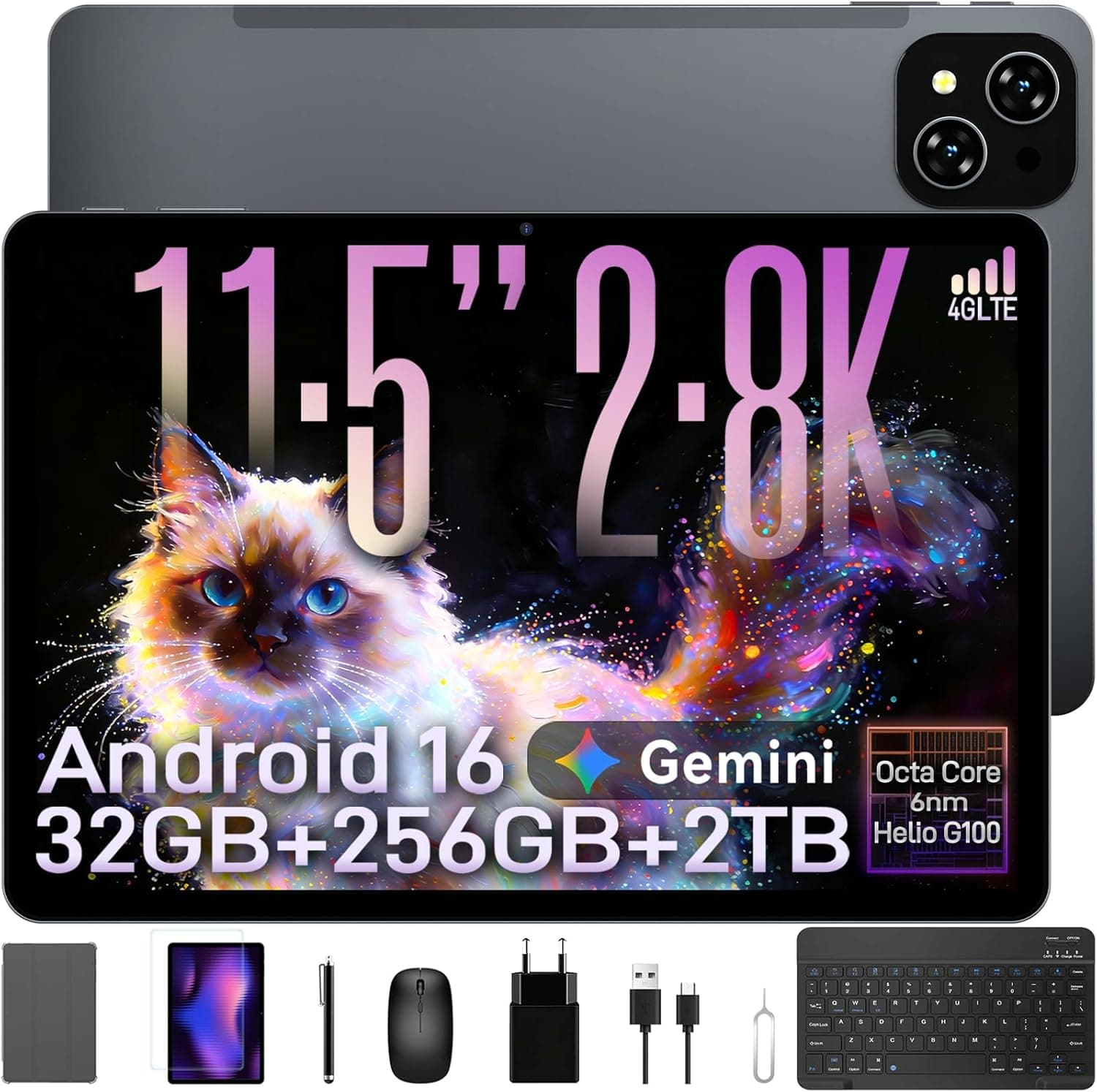 TABWEE T12Pro Android 16 Tablet con Tastiera - 2.8K BOE QHD+ Display, Tablet 11 Pollici, Helio G100, 32 GB RAM+256 GB ROM, 8000 mAh, 13 MP+8 MP, Widevine L1, Gemini AI, Tablet 4G LTE (4 Anni Garanzia)