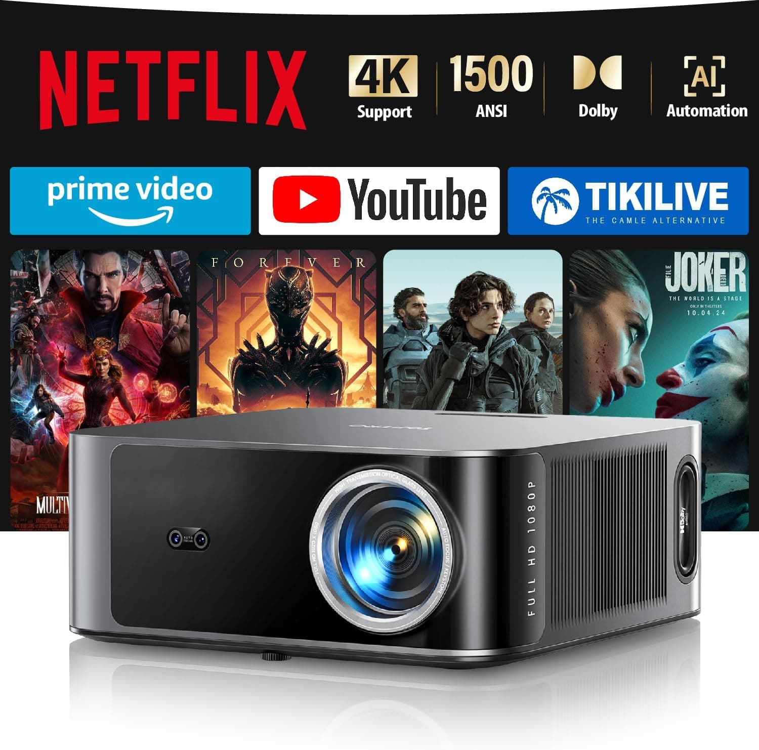 Proiettore 4k【Compatible with Netflix/1500 ANSI/36W Dolby Audio】Wifi 6 e Bluetooth Bidirezionale Proiettore,AI Autofocus/Evita Ostacoli Proiettere TV, Videoproiettore TOPTRO X9 per PS5/Home Theater