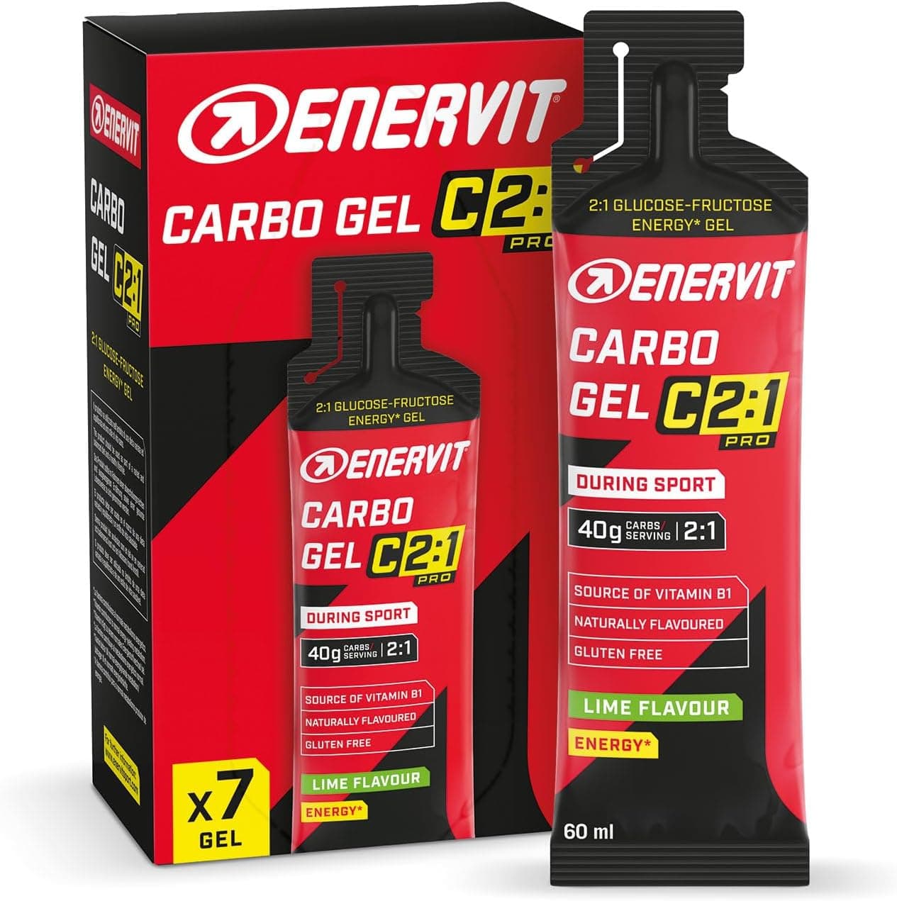 Enervit, Carbo Gel C2:1PRO Lime, Gel Energetico, 40g di Carboidrati, Per Attività ad Alta Intensità, +50% di Carboidrati Assorbiti, Gusto Lime, Senza Glutine, Alta Digeribilità, Vegan, 7 Pack da 60ml