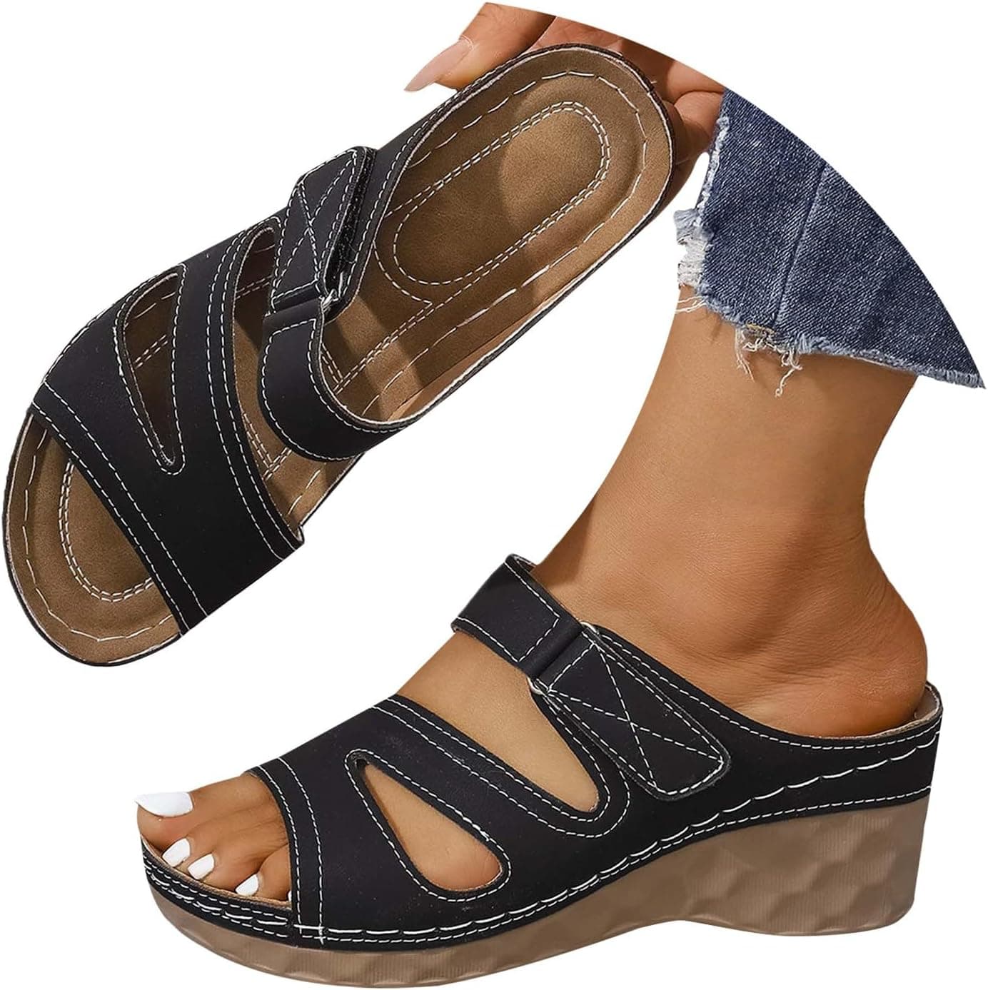 Ciabatte Donna Ortopediche Estive Aperte Leggere Pantofole con Zeppa Eleganti Antiscivolo Sandali Pianta Larga Comode Ciabatte in Pelle Basse Moda Scarpe Estive da Casa Mare Spiaggia Moda 2026