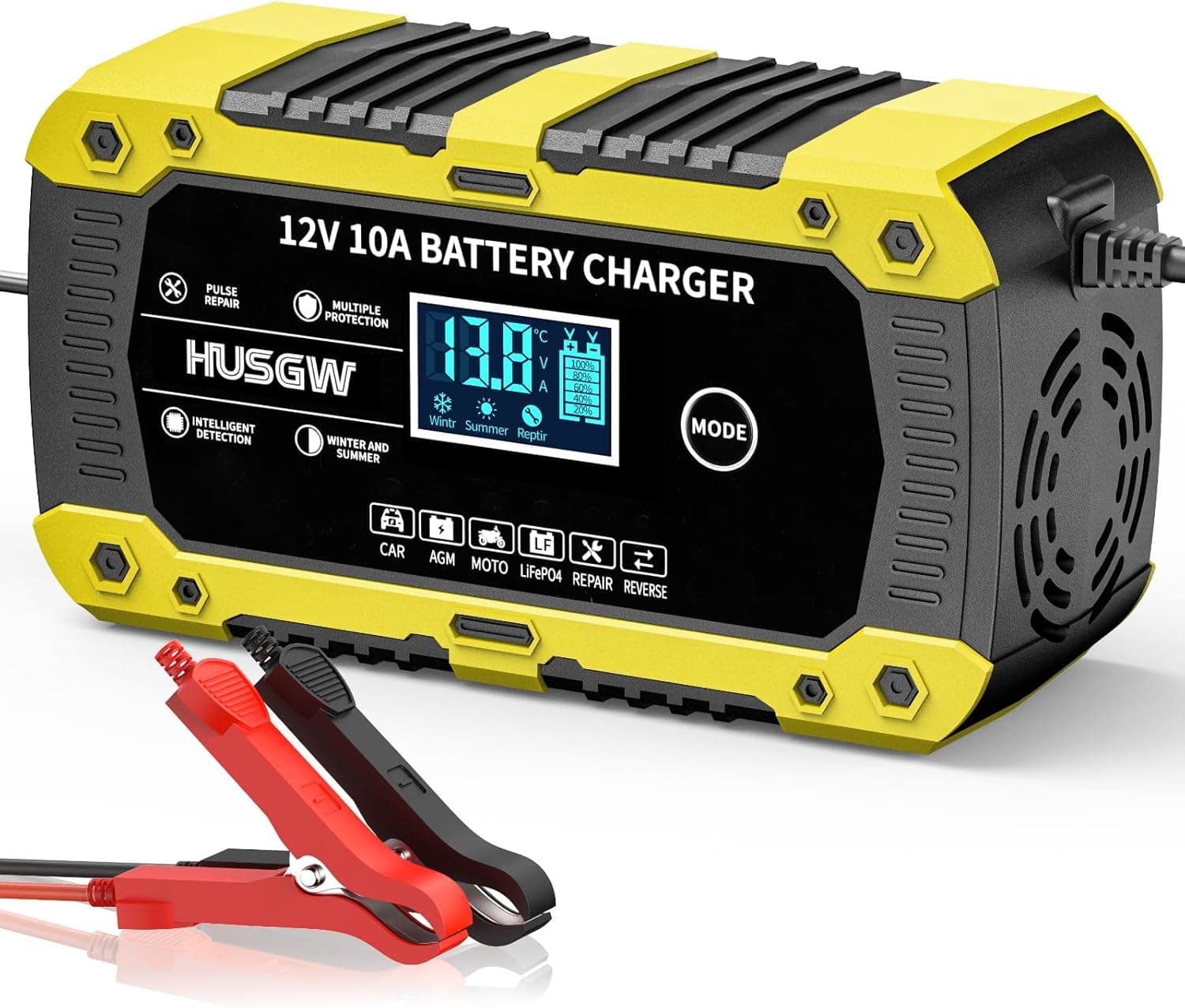 10A 12V Caricabatterie per Auto, Multi Protezioni Caricabatterie per Moto, Intelligente Carica Batteria con Schermo LCD per Moto, Auto, Batteria AGM, Barche (Giallo 10)