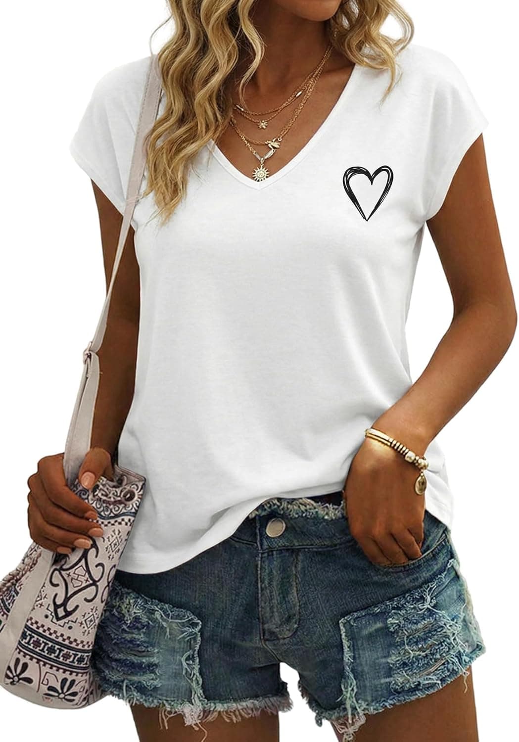 Gyabnw T-Shirt Femme Col V Chic Manches Courtes Haut Été Élégant avec Imprimé Cœur Sobre Top Décontracté Fluide Style Minimaliste pour Quotidien et Vacances