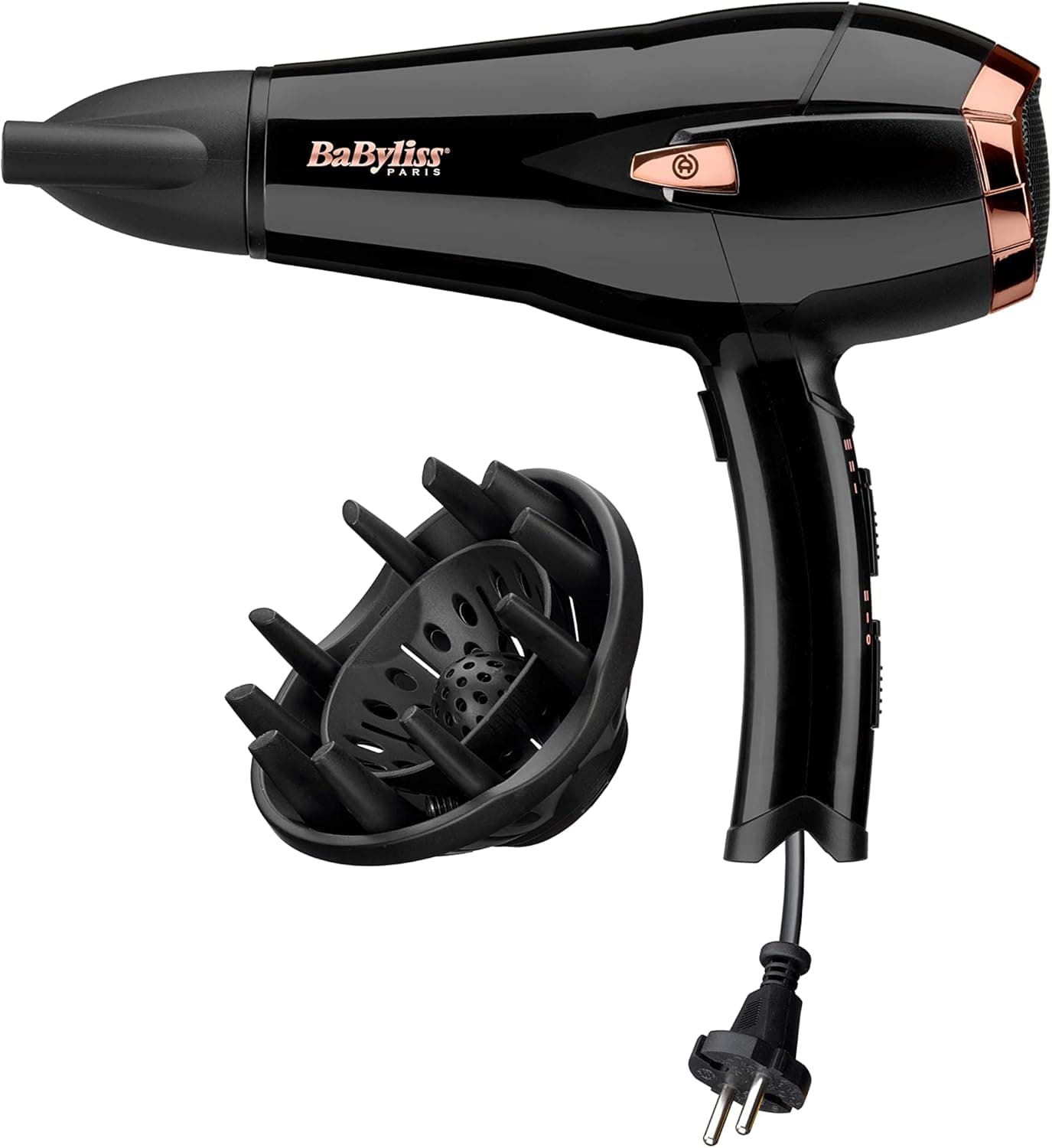 BaByliss Asciugacapelli con cavo retrattile, 2000W Phon Capelli Professionale, funzione ionica anti-crespo, 3 impostazioni di calore - 2 velocità, Nero, D373E