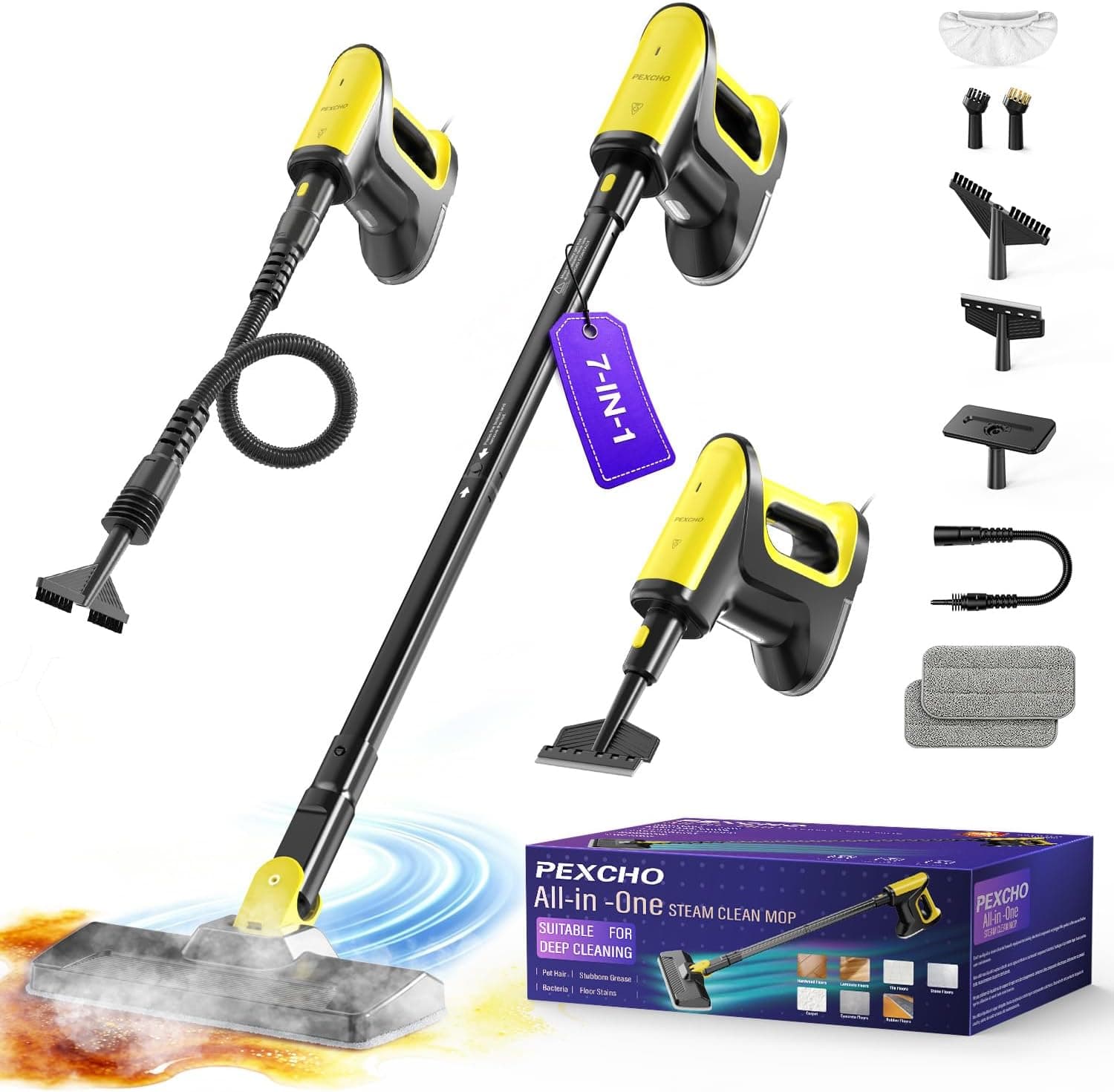 PEXCHO Scopa a Vapore Multifunzione 7 in 1, 1500W Pulitore a Vapore Elimina il 99,9% di Virus e Batteri, Si riscalda in 15 secondi, Serbatoio Estraibile, Lavapavimenti a Vapore Senza Prodotti Chimici