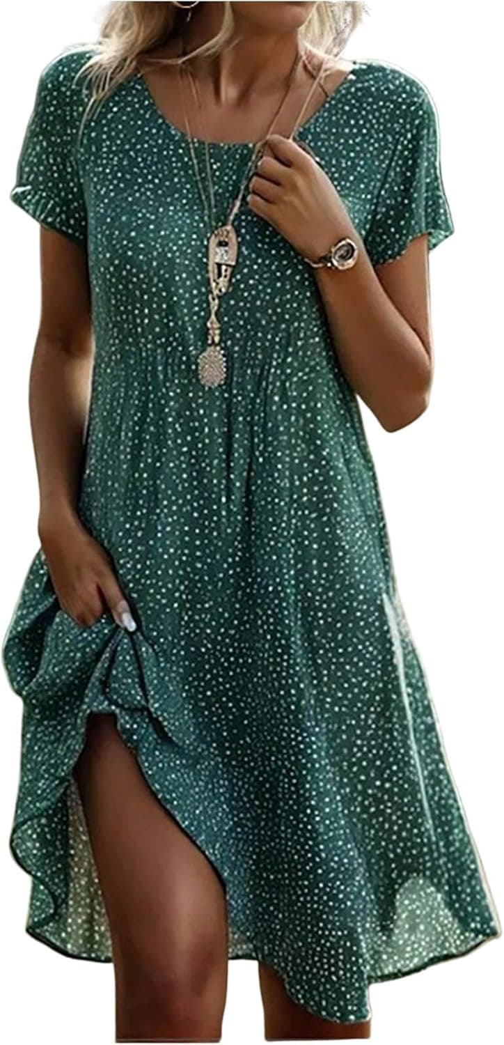 Générique Robe Femme Col Rond Manche Courte Pois Imprimé Mode Femme Ete Robes Baggy Classique Basique Dresses Casual Respirante Dress Décontractée Voyage