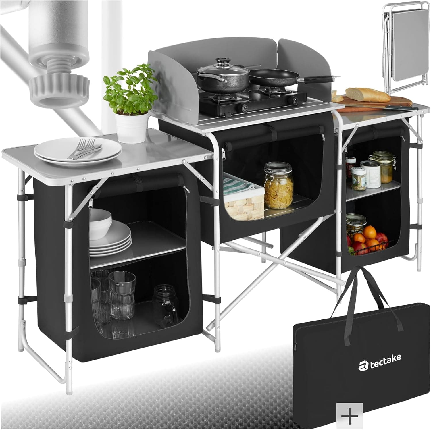 tectake® Cucina da Campeggio, Mobile da Campeggio con Piano di Lavoro e Ripiani, Cucina da Esterno Pieghevole, Idonea per Fornello a Gas, Borsa per Trasporto Inclusa