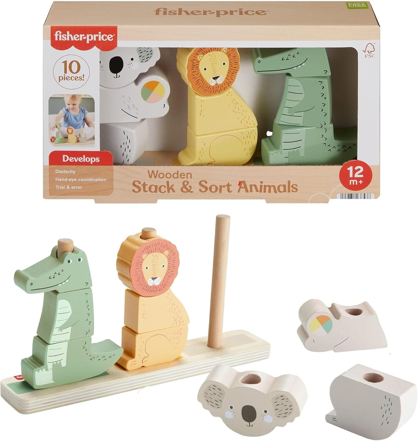 Animali da impilare e ordinare in Legno Fisher-Price, 10 Pezzi HXV04