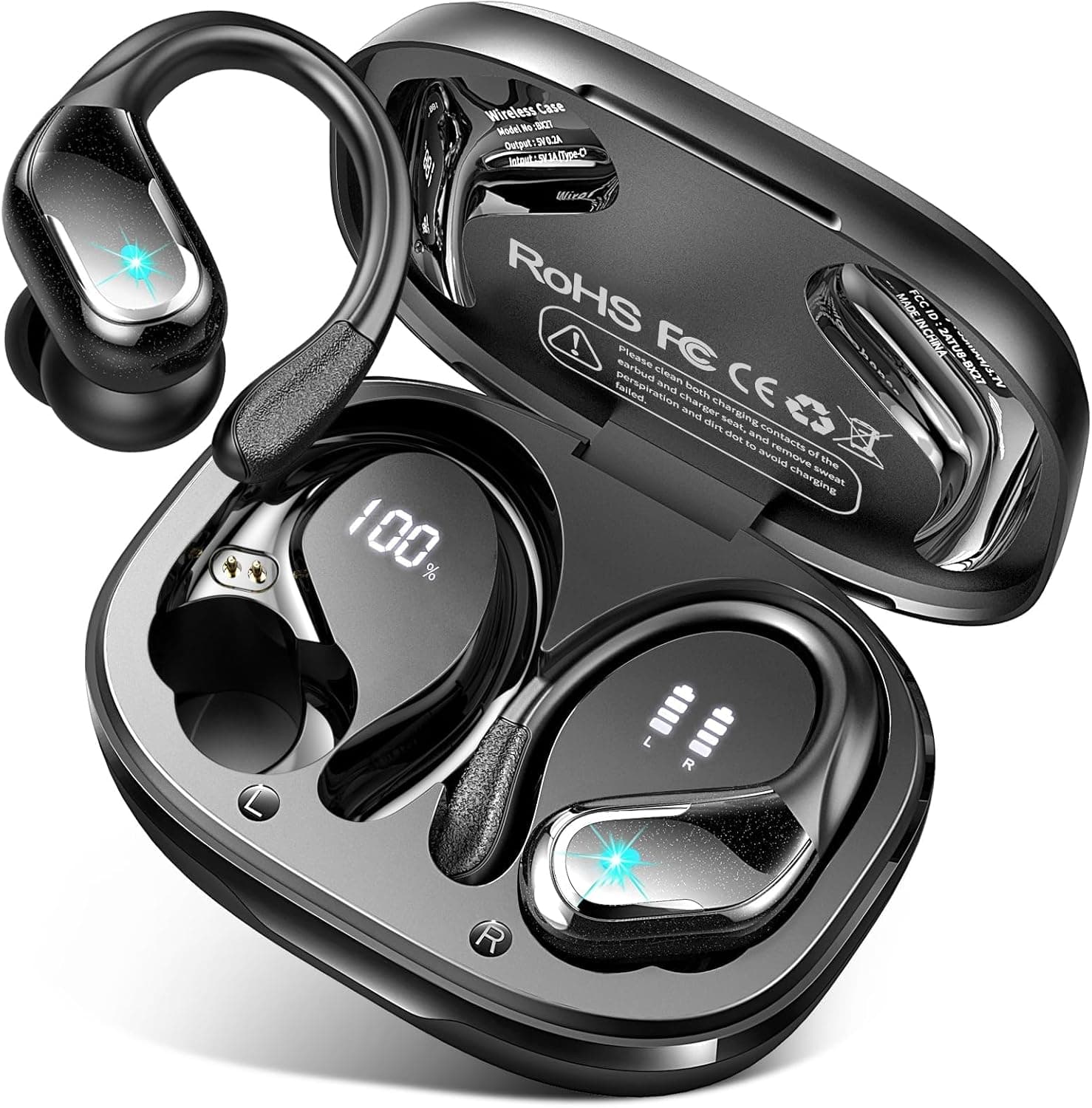 Cuffie Bluetooth 5.4 Sport, Auricolari Bluetooth con 3D Bass Stereo, 75 Ore Cuffie Wireless con 4 ENC HD Mics, IP7 Impermeabile Cuffiette HiFi con Display LED, Cuffie Senza Filo per Palestra/Running