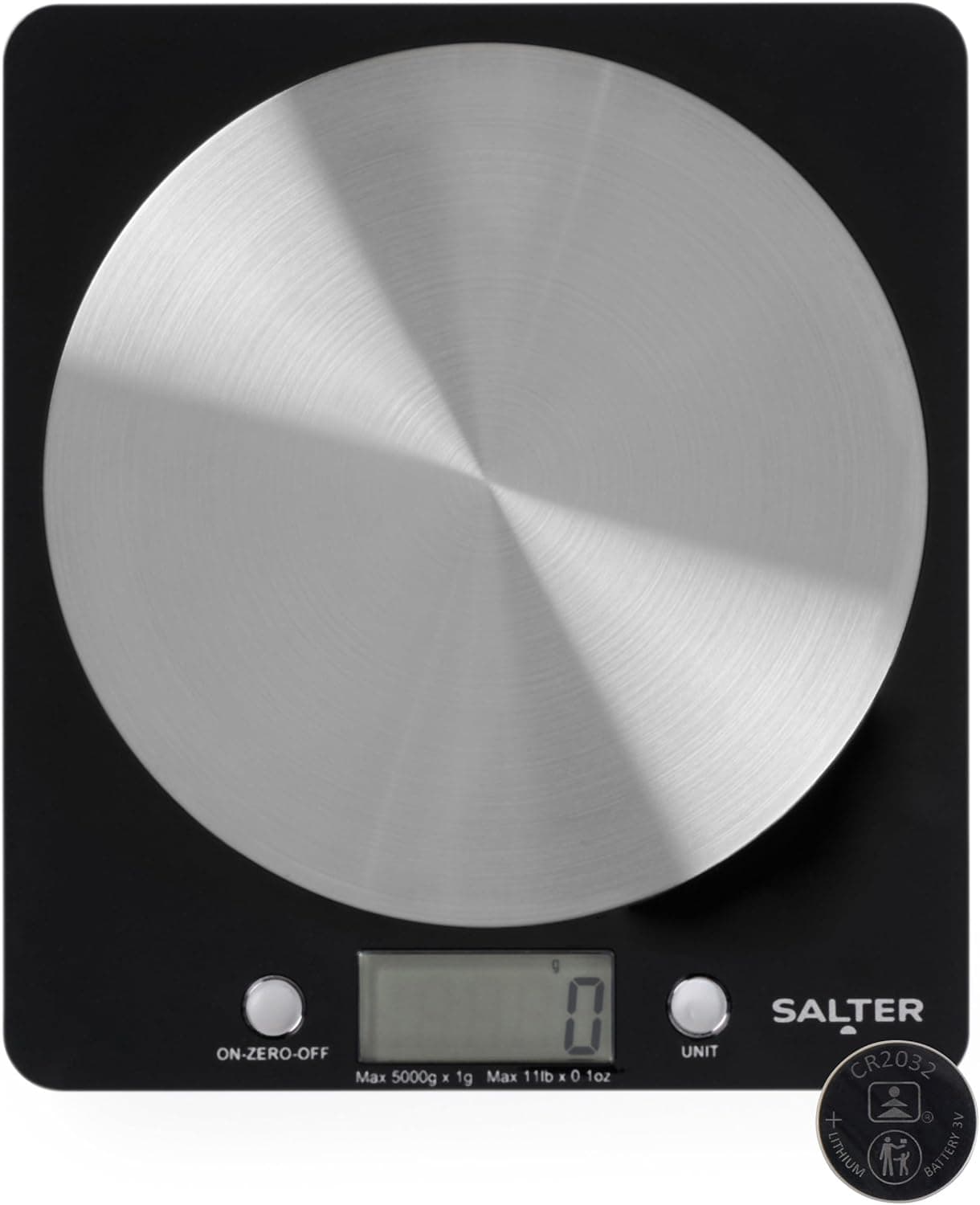Salter 1036 BKSSDR - Bilancia elettronica a disco, vista in TV, design elegante e sottile, piattaforma in acciaio inox filato, aggiungi e pesa liquidi, capacità max di 5 Kg, Nero/cromato
