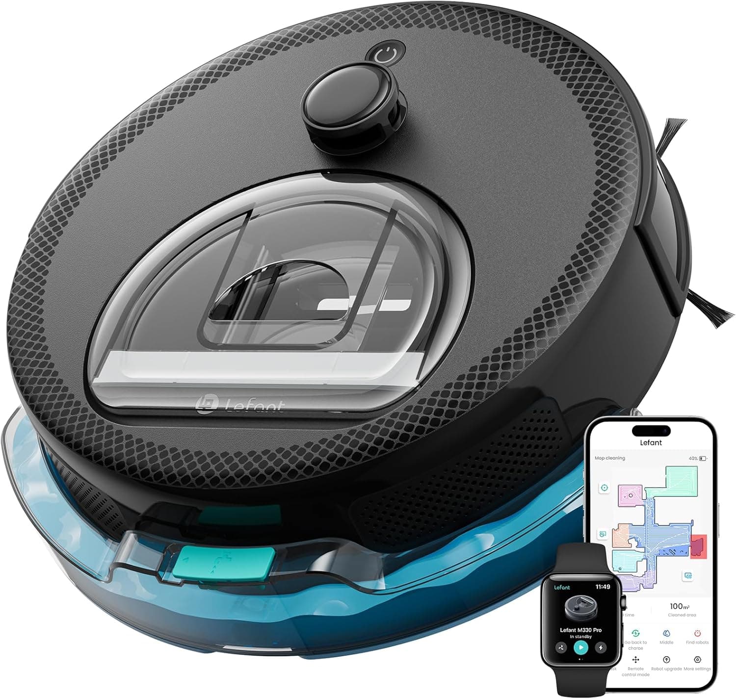 Lefant M330Pro Robot Aspirapolvere Lavapavimenti con Mappatura, Navigazione dToF, Evitamento Ostacoli PSD, 5000Pa Aspirazione Potente, Pulizia programmata, 150min, Alexa/APP/WiFi, Zona Vietata, Nero