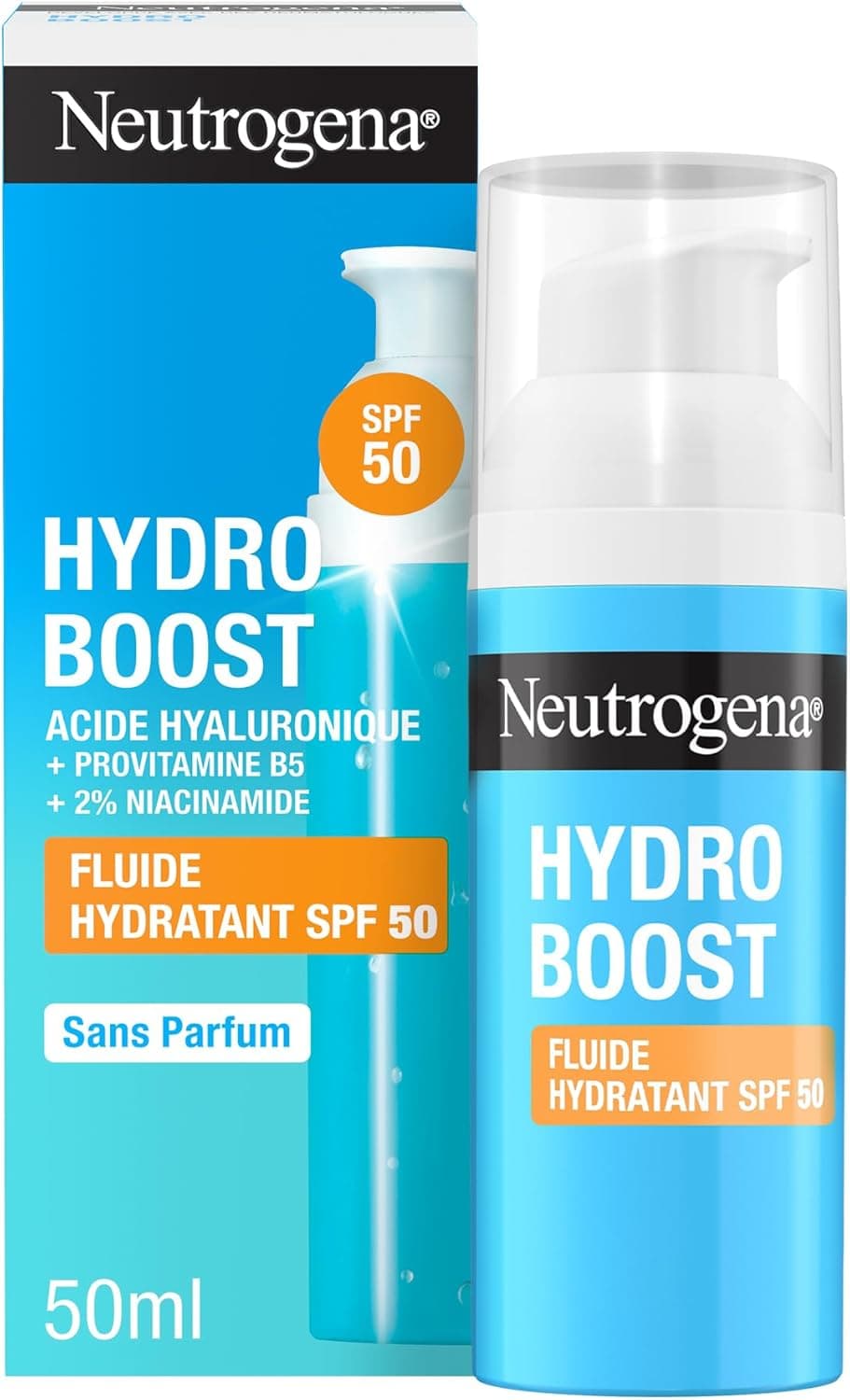 Neutrogena Hydro Boost Fluido Idratante SPF 50, Crema solare viso 50 con Acido Ialuronico, Niacinamide e Vitamina C, Crema viso SPF 50 in fluido, Protezione solare viso contro raggi UVA/UVB, 50 ml