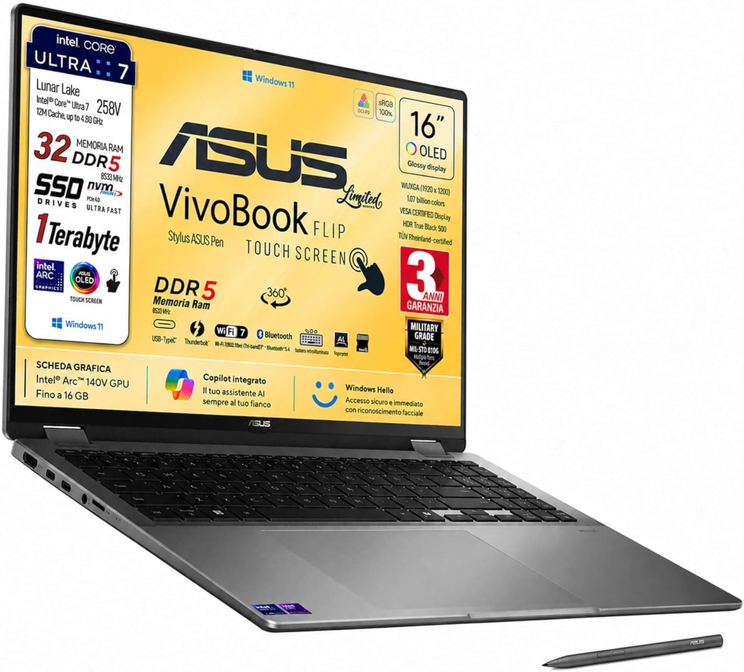 ASUS Vivobook 16 FLIP, Intel® Core™ Ultra 7 258V, Intel Arc Pro, Display OLED Touchscreen 16" WUXGA FHD+, DDR5 32Gb, SSD 1Tb, Win 11, Wi-Fi 7, bt 5.4, tastiera retroilluminata, Pen, Gar 3 Anni