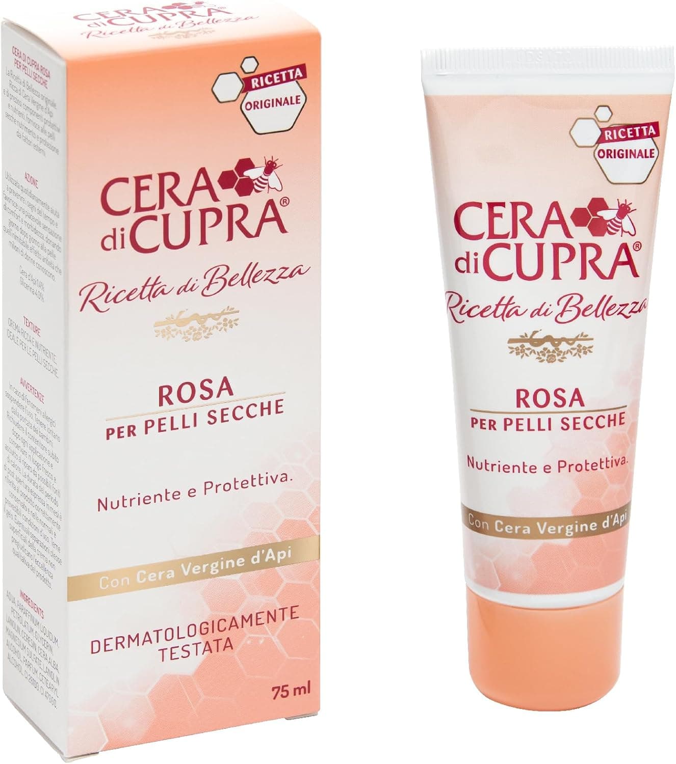 Cera di Cupra, Crema Rosa Formulazione Tradizionale, con Cera Vergine d'Api, Ricca di Componenti Protettivi, ad Azione Antietà, Made in Italy, Dermatologicamente Testata, Tubetto da 75 ml