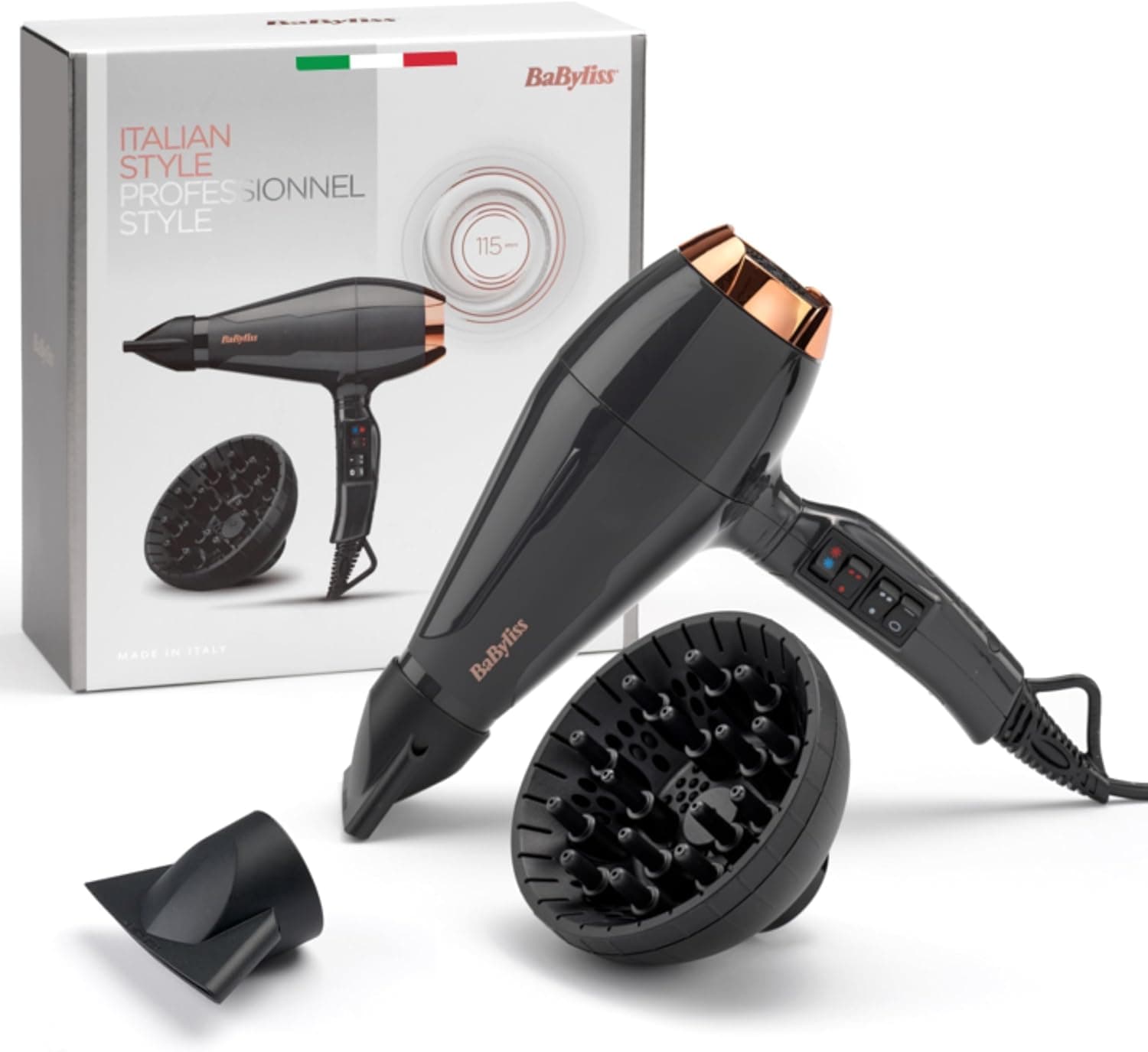 BaByliss Asciugacapelli MADE IN ITALY Air Pro, Motore AC Phon Capelli Professionale, 2200W, Diffusore Capelli Ricci, funzione anti-crespo, 2 velocità - 2 impostazioni di calore, nero, 6719DE