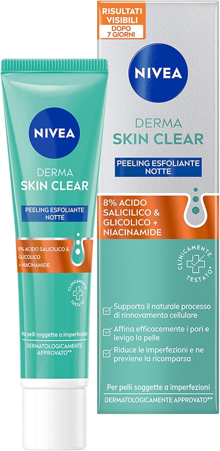 NIVEA Derma Skin Clear Peeling Anti-Imperfezioni 40 ml, Peeling viso esfoliante per la cura della pelle mista con Acido Glicolico, Acido Salicilico e Niacinamide, Esfoliante viso purificante