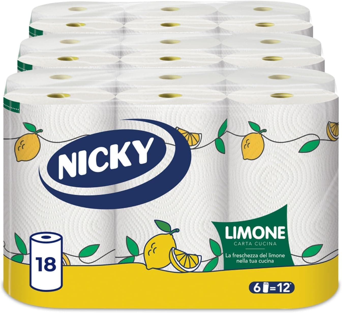 Nicky Limone Carta Cucina - 18 Rotoli da 100 Fogli Assorbenti a 2 Veli, Spessa e Resistente, Fresco Profumo di Limone, Carta 100% Certificata FSC