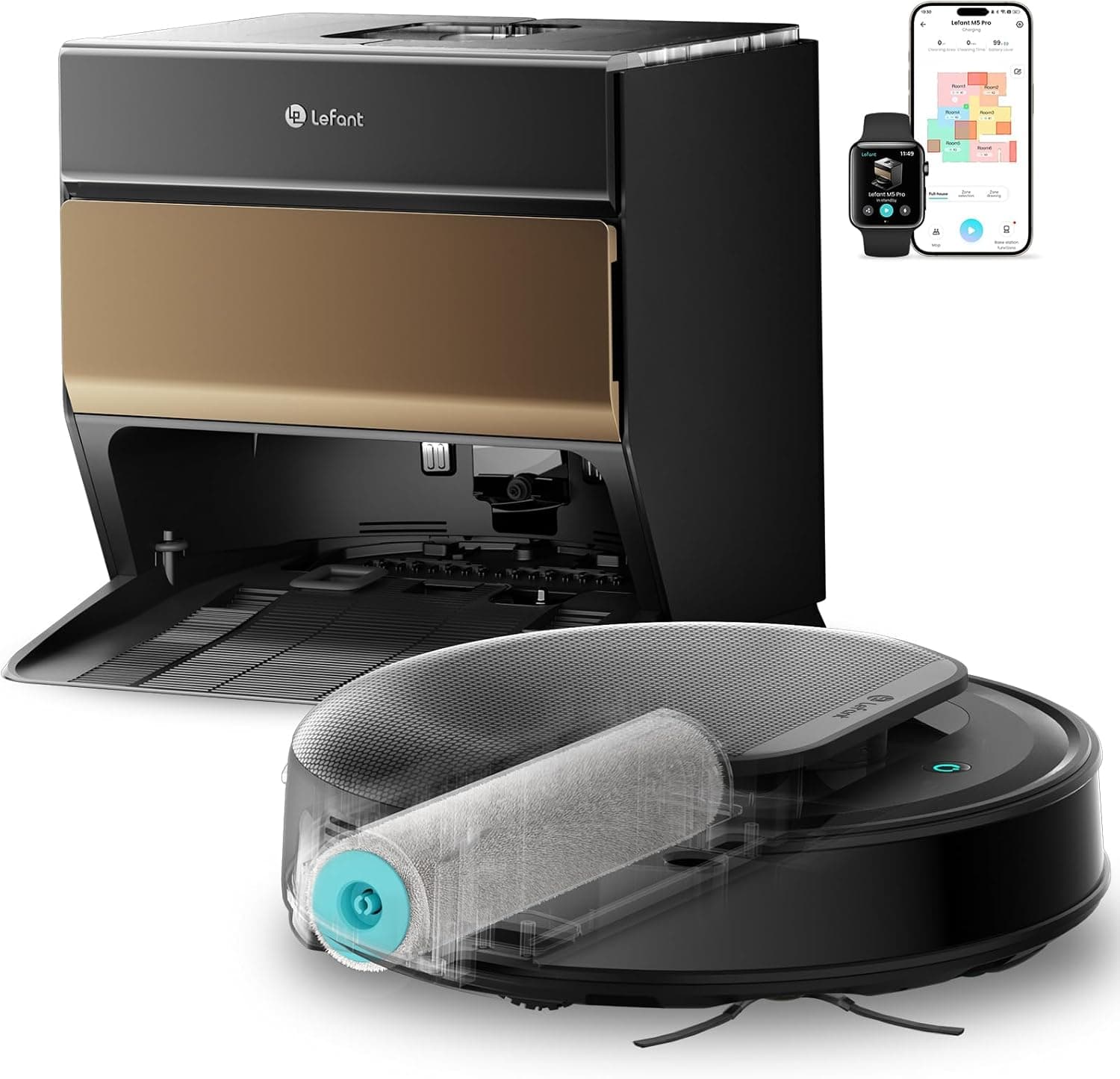 Lefant M5 Pro Robot Aspirapolvere Lavapavimenti con Mappatura, 18000Pa, Rullo Lavapavimenti 20 cm, Zero-Groviglio, Lavaggio Rullo 75 °C, dToF + PSD 2.0, App/Alexa, Champagne