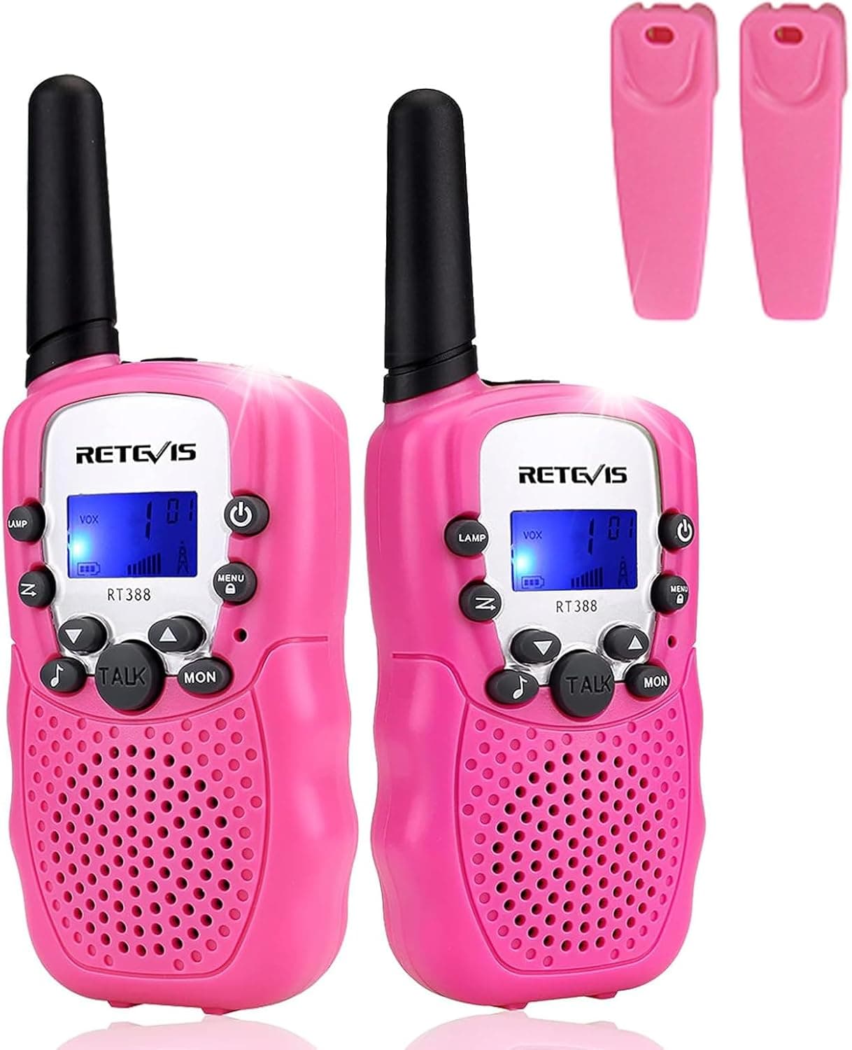 Retevis RT388 Walkie Talkie Bambini, Giocattolo a Lungo Raggio 8CH RegaliBambini 4-12 Anni, Torcia LCD Retroilluminata Campeggio, Avventure all'Aperto, Giochi per Famiglia (1 Paio, Rosa)