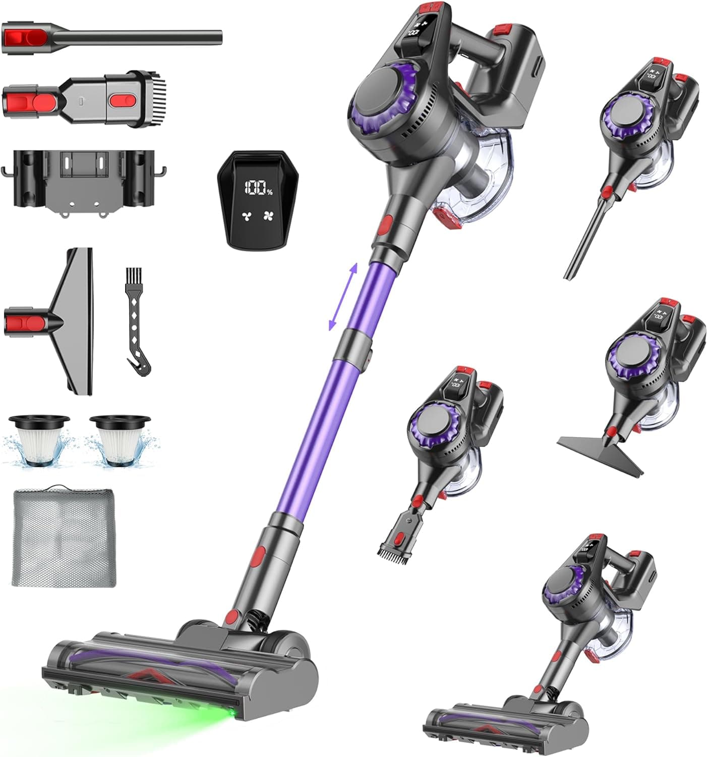 Aspirapolvere Senza Fili 40KPa 450W Motore Potenziato 50Min, 1.6L Scopa Elettrica Senza Fil Autoportante, Base di Ricarica Muro Spazza Anti Groviglio, Scopa Elettrica per Peli Animali Tappeti Parquet