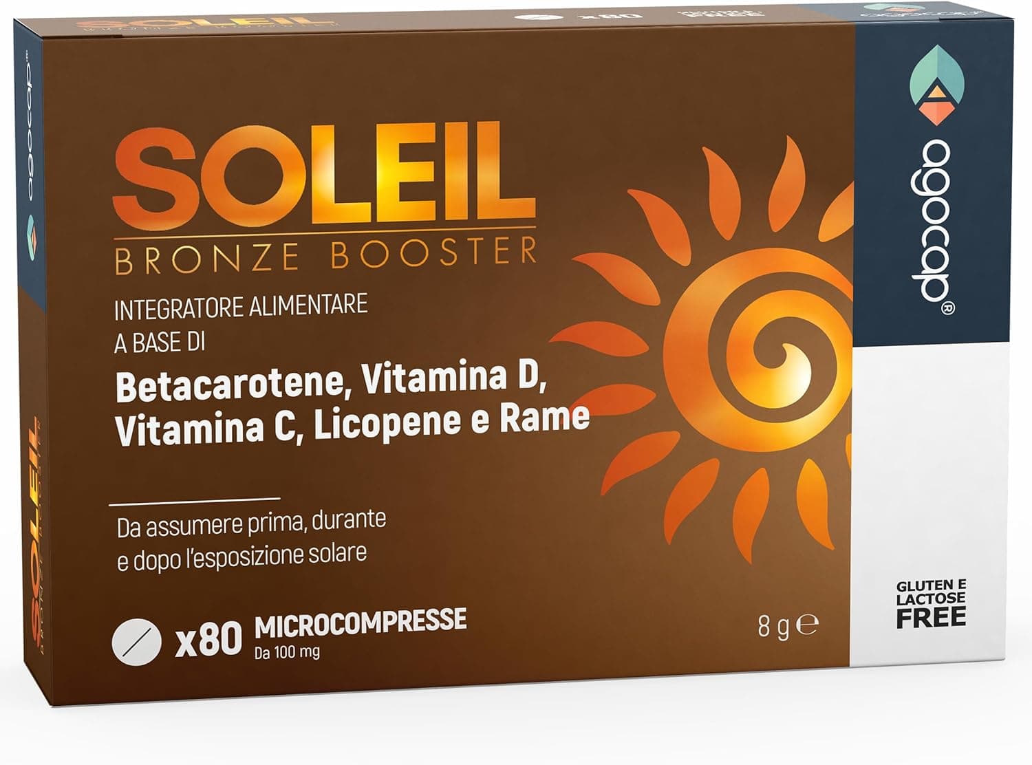 Acceleratore Abbronzatura Forte, SOLEIL. Integratore abbronzatura, 80 compresse con Betacarotene, Rame, Selenio, Licopene, Vitamine C, D, E, B. Autoabbronzante corpo - Prepara, Accelera e mantiene