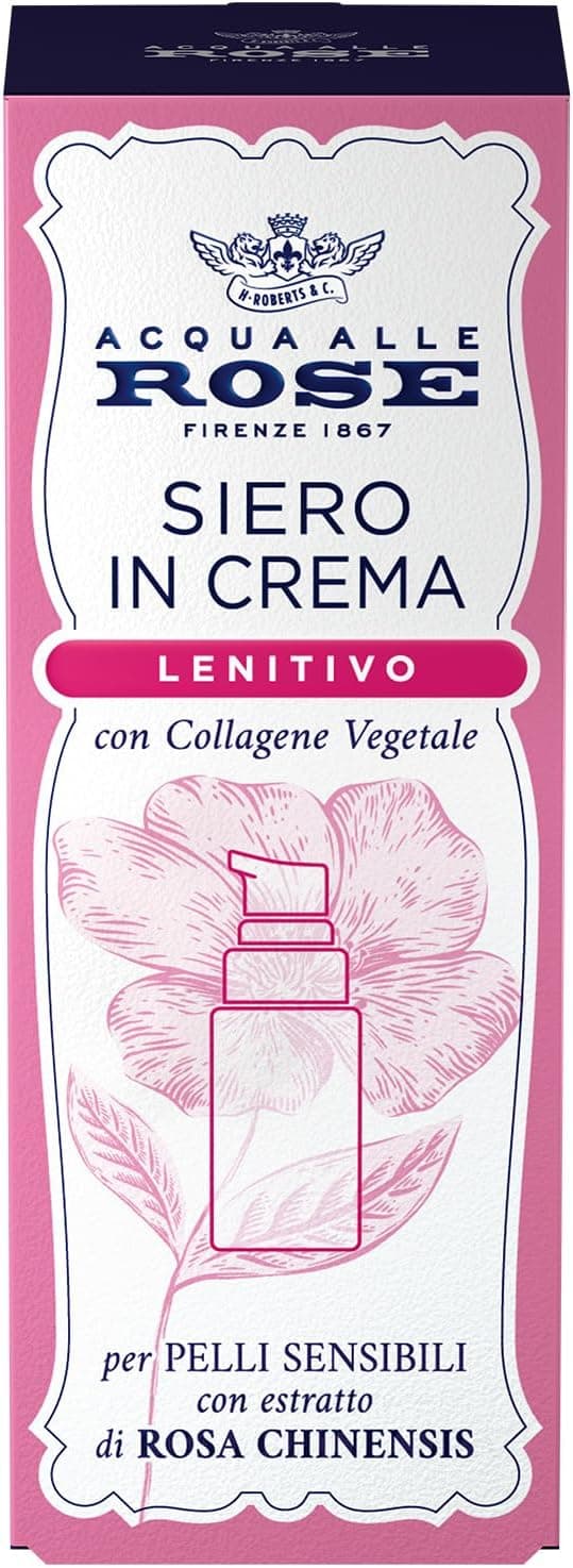 Acqua alle Rose Siero in Crema Lenitivo, Con Collagene Vegetale di Rosa Chinensis è ideale per idratare delicatamente le Pelli Sensibili. Aiuta a proteggere dallo stress ossidativo - 30 ml