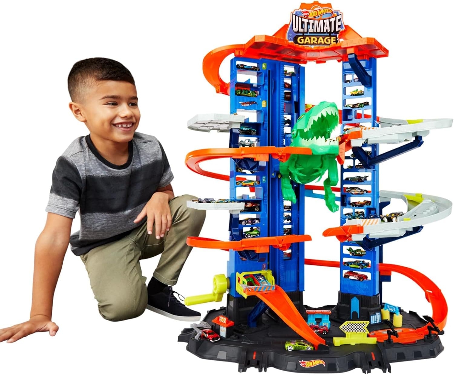 Hot Wheels City Robo T-Rex Ultimate Garage Modalità multigiocatore a più livelli per riporre auto in scala 100 plus 1 64, idea regalo per bambini dai 5 anni in su, GJL14