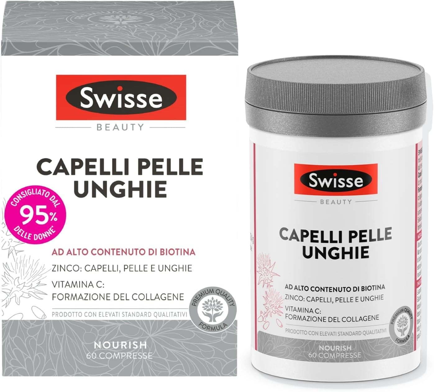 SWISSE Capelli Pelle Unghie - Integratori per Capelli, Pelle e Unghie con Vitamina C Biotina Cardo Mariano, 60 Compresse - Zinco Integratore Capelli, Formazione Collagene e Unghie Sane - Made in Italy