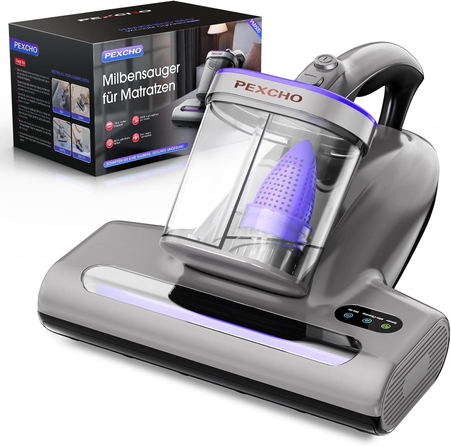 PEXCHO Battimaterasso con Luce UV, Filtro HEPA e Asciugatura a 65℃, 500W Aspirapolvere per Materassi Rimuove il 99% degli Allergeni, Pulisci Materasso, Divano, Tessuti e Letti