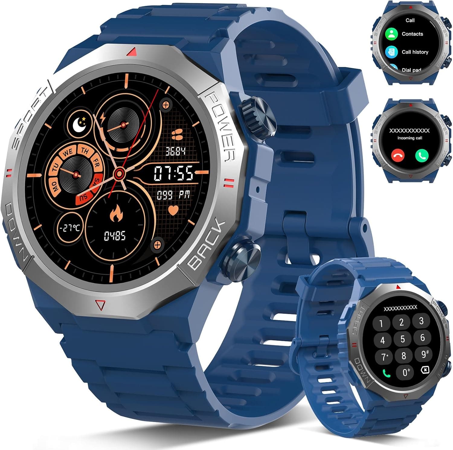 Smartwatch Uomo Militare, Orologio Smartwatch 1.43" con Chiamate Bluetooth, 100+ Modalità Sportive, Batteria 1000 mAh, Monitoraggio Sonno e Cardiofrequenzimetro, Torcia e Bussola per IOS/Android