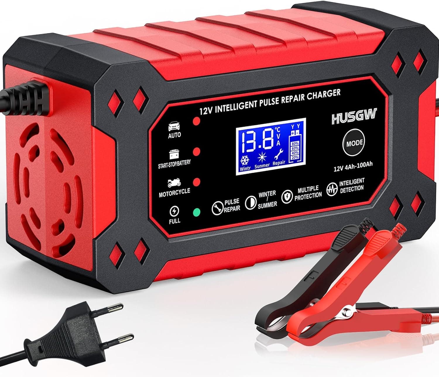 12V6A Caricabatterie per Auto, Caricabatterie Intelligente con Funzione di Riparazione Automatica e Display LCD, per Auto, Moto, Camion, AGM, Gel, SLA (2Ah-100Ah) (Rosso 6)