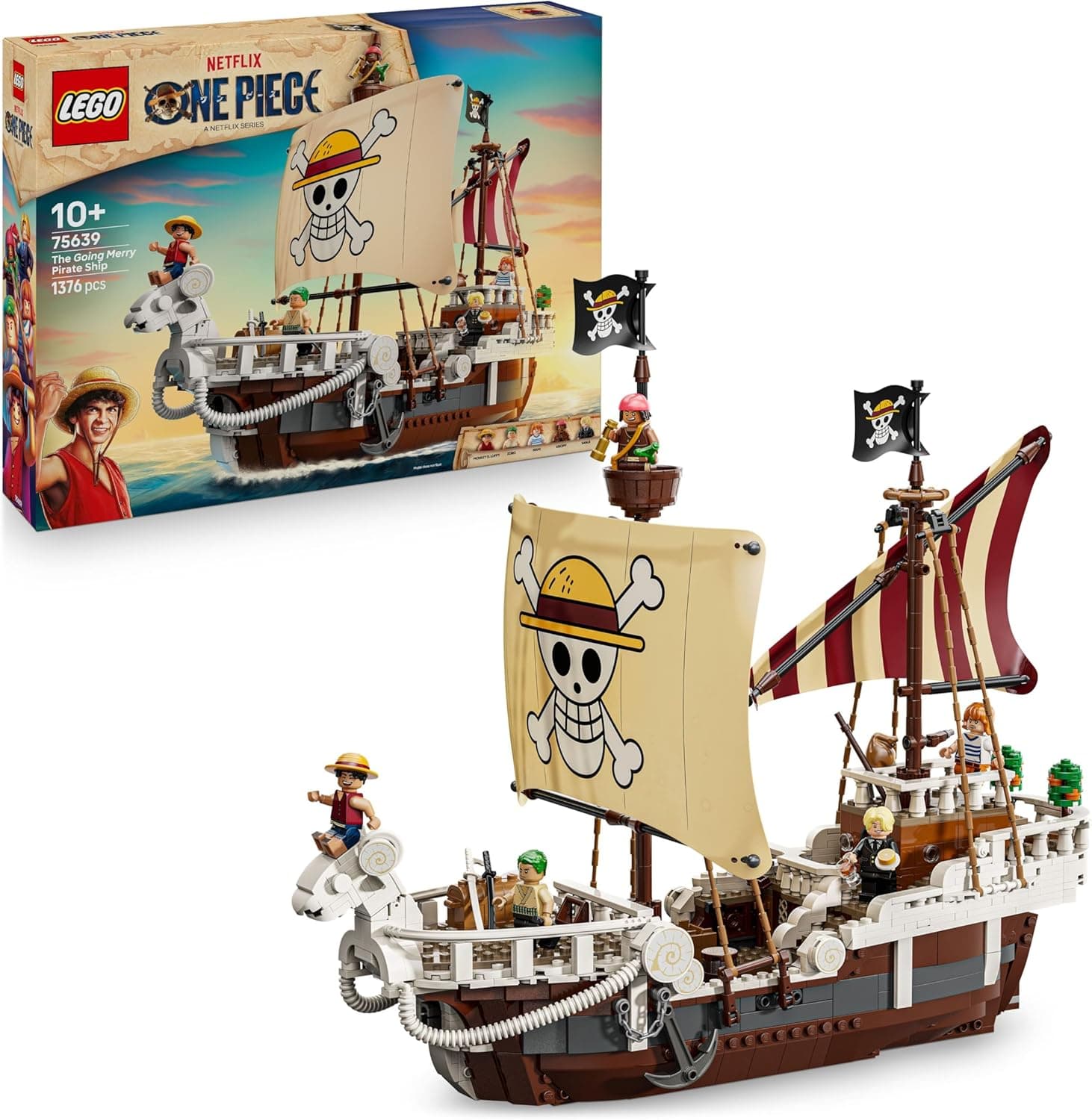 LEGO ONE PIECE La Nave Pirata Going Merry - Modello di Barca Giocattolo da Esposizione con 5 Minifigure tra cui Luffy, Zoro e Nami - Regalo per Bambini, Bambine e Fan degli Anime da 10 Anni - 75639