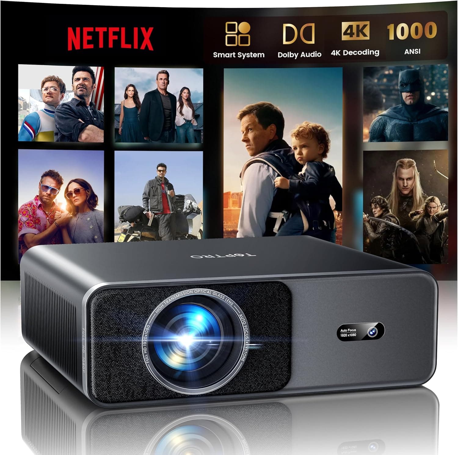 Proiettore 4K[Compatibile con Netflix/Dolby]1000 ANSI Regolazione Auto Dell'immagine AI Proiettore Portatile per Smart Home Theater e Esterno WiFi 6 Two-way Bluetooth 5.3 Videoproiettore TOPTRO A1