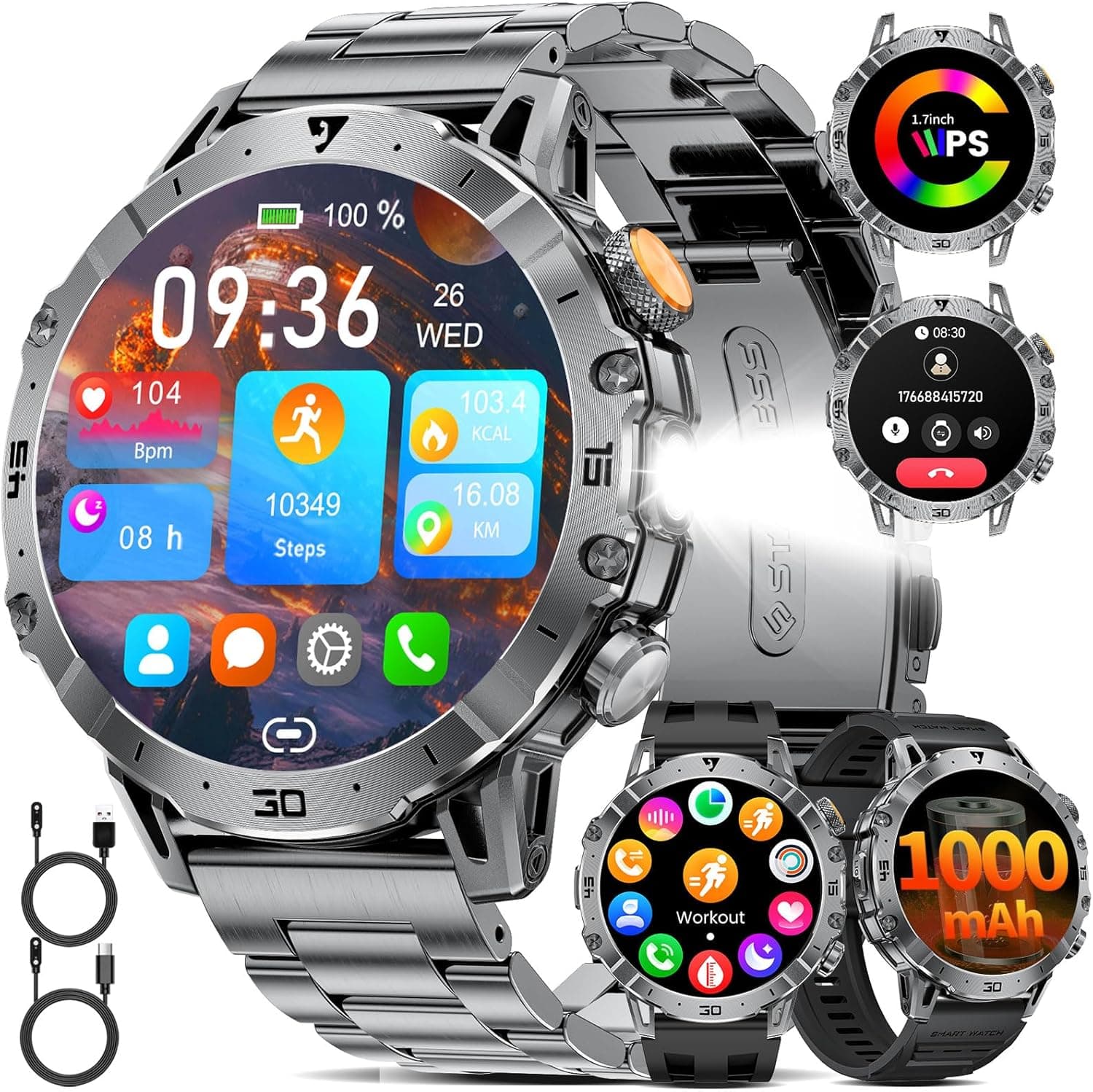 1000mAh Batteria Smartwatch Uomo Militare, 1.7'' Orologio Smart Watch con Chiamata Bluetooth, Torcia LED Orologio Fitness, 100+ Modalità Sportive, 24H Cardiofrequenzimetro Sonno, IP68 per Android iOS