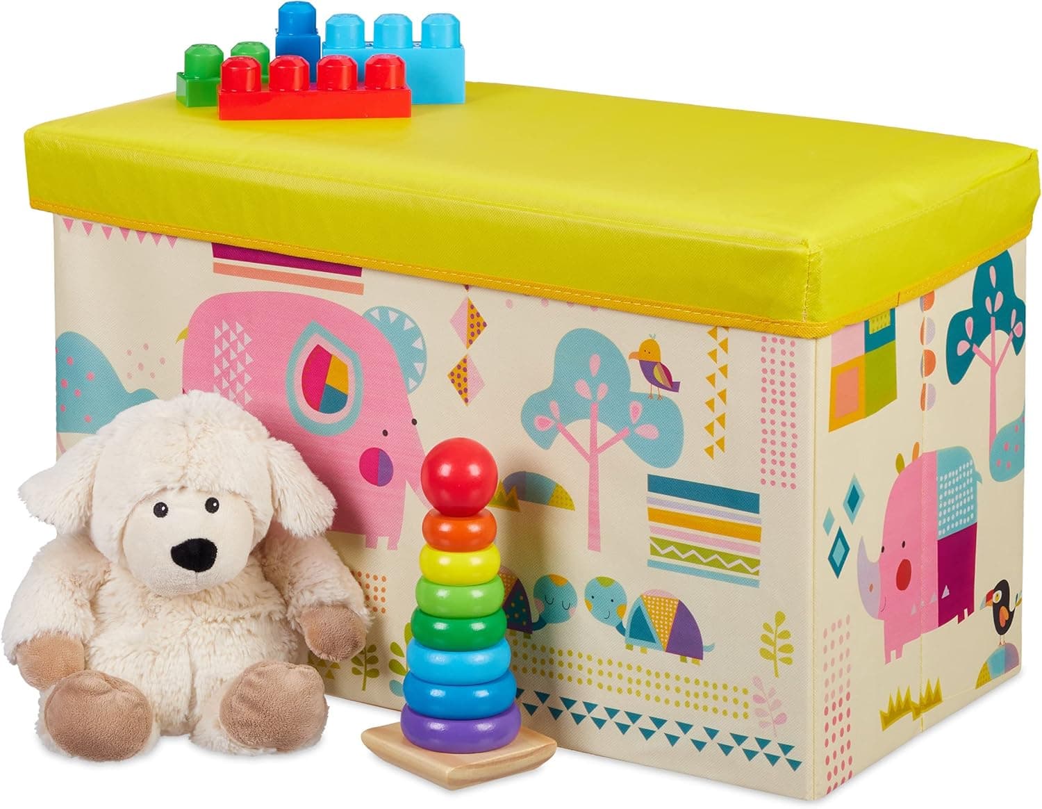 Relaxdays Pouf per Bambini, Contenitore per Giocattoli, Pieghevole, per Bimbi e Bimbe, Salvaspazio, Animali, Colorato, 50 litri