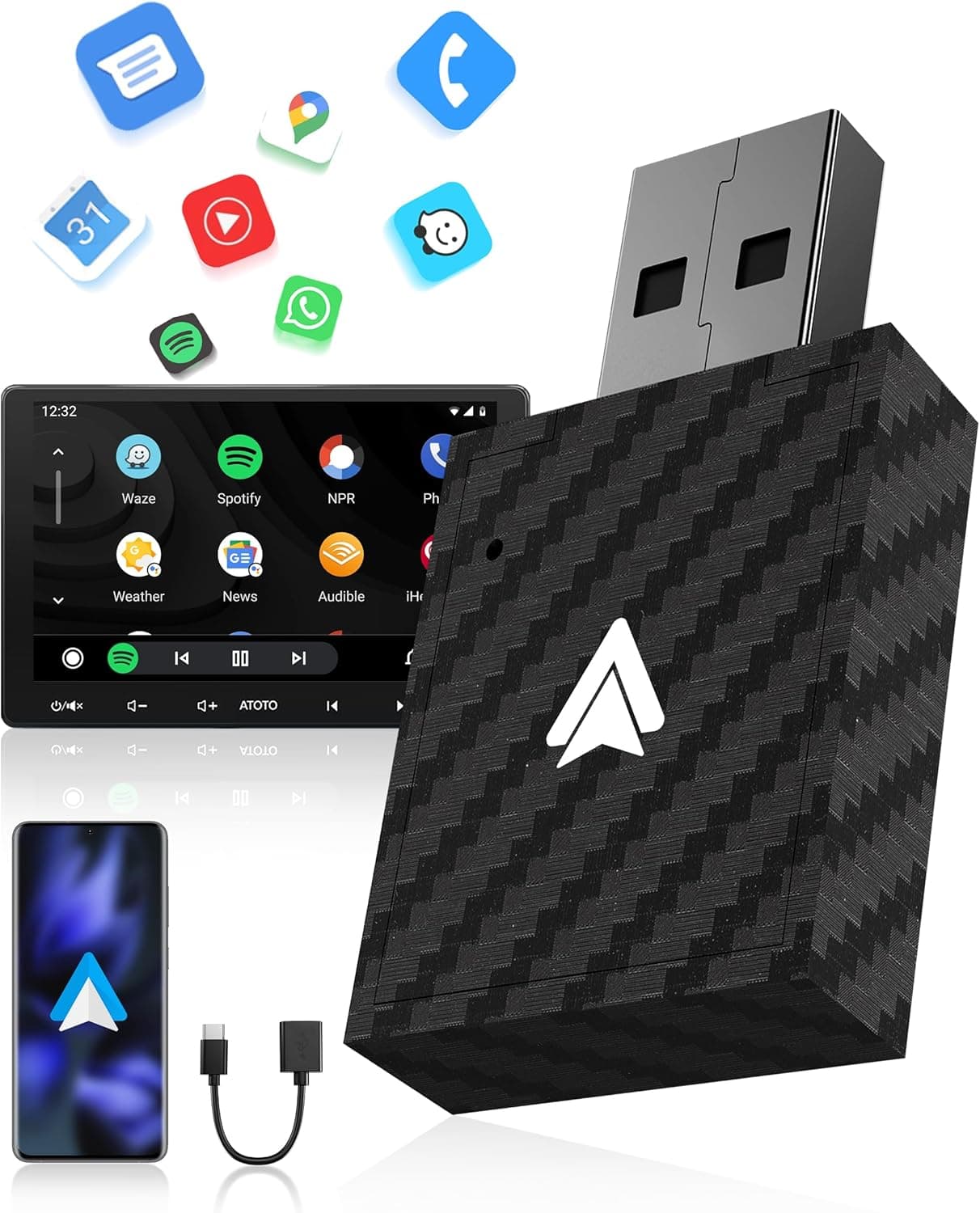 Adattatore Android Auto Wireless, AA Wireless per Android 11+, Bluetooth V5.3, Dual Core a WLAN 5.8GHz, Veloce e Stabile