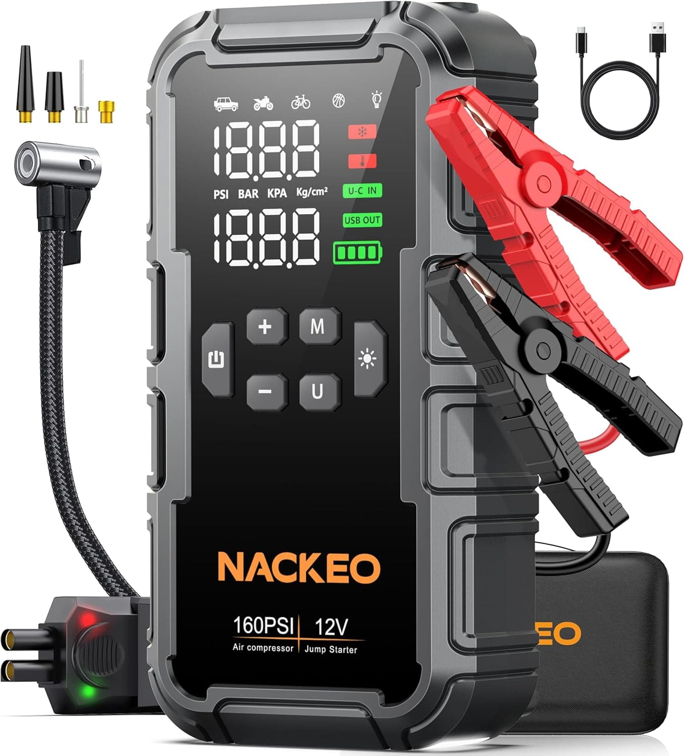 Avviatore Batteria Auto con Compressore 160PSI, 8000A Booster Avviamento Auto (Motori Fino a ALL Gas o 12L Diesel), 12V Avviatore di Emergenza con Cavi Avviamento, LED, Schermo LCD e scatola
