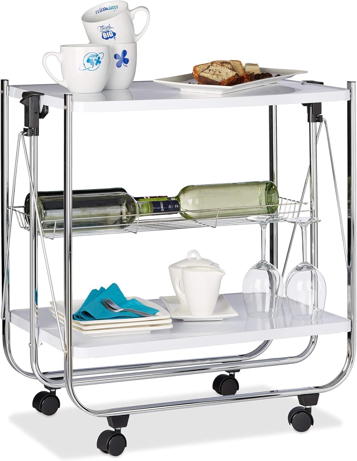 Relaxdays Carrello da Cucina Portavivande con Cestello, Pieghevole, 4 Ruote, Bianco, HxLxP 68,5 x 68 x 40,5 cm