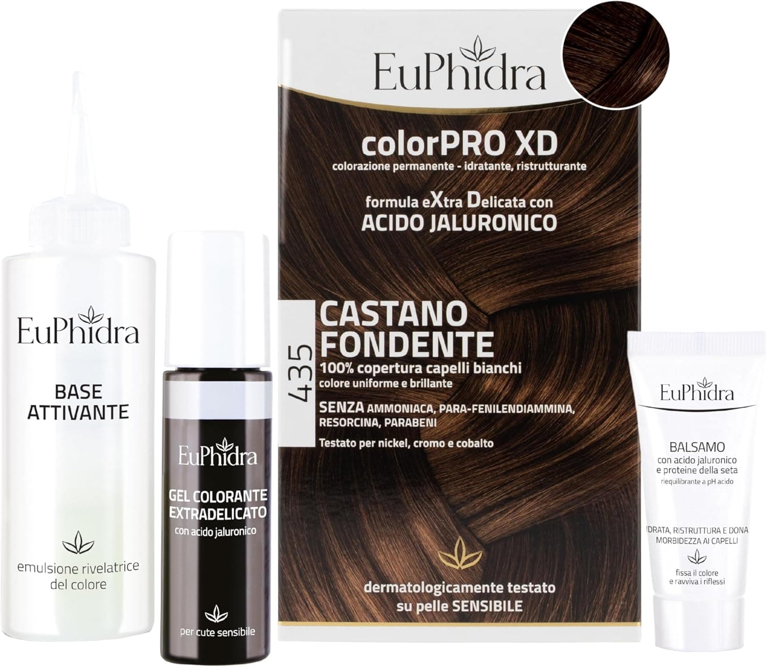 Euphidra - ColorPro XD, 435 Castano Fondente, Gel Colorante Extradelicato 50 ml + Base Attivante 50 ml + Balsamo con Acido Jaluronico 20 ml + 1 paio di guanti usa e getta e 1 cuffia