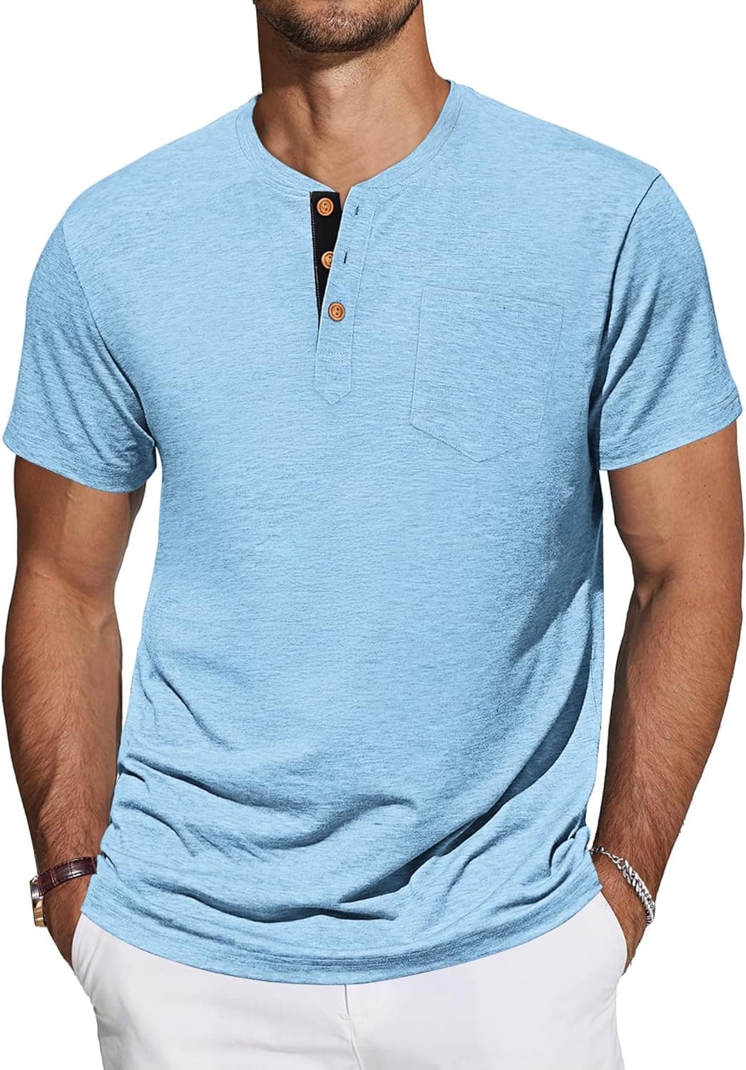 TARAINYA Henley T-Shirt Uomo Cotone Maglietta Maniche Corte Tinta Unita con Tasche Estate M-4XL