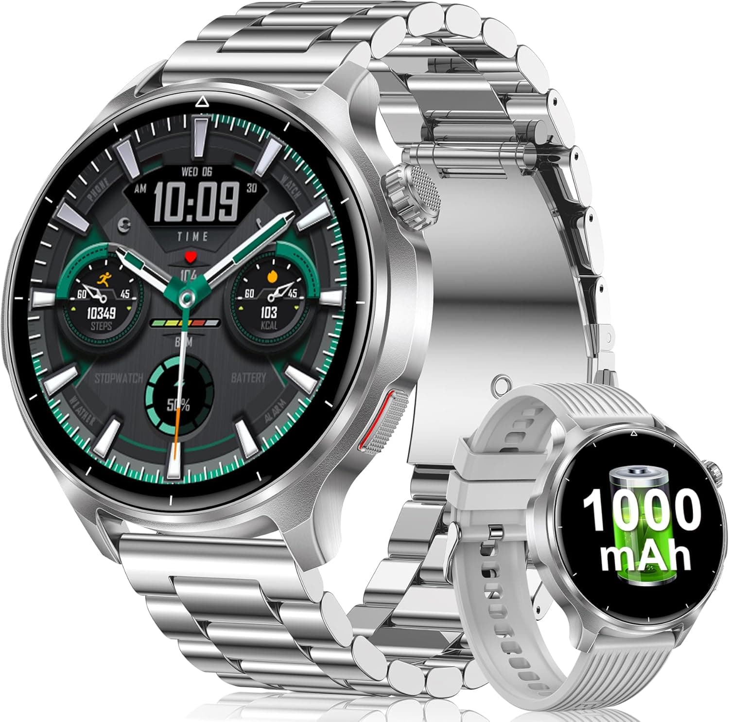 Smartwatch Uomo Militare– Batteria 1000 mAh, Schermo HD 1,52'', Oltre 120 Modalità Sportive, Impermeabile IP68, Monitoraggio Frequenza Cardiaca e Sonno, Orologio Fitness, Android iOS, Argento