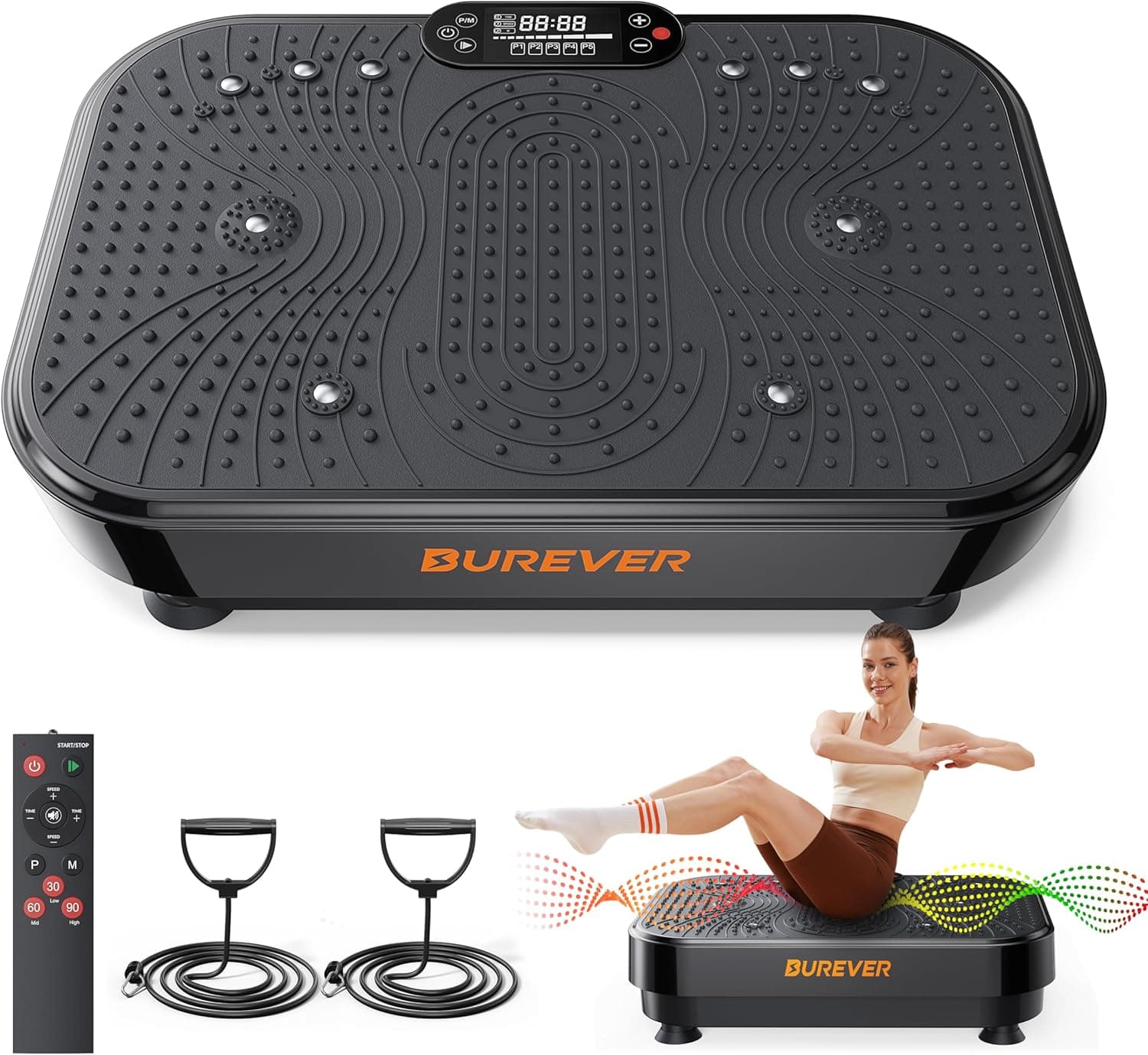 Pedana Vibrante Dimagrante, Vibration Plate Burever 150W, Massaggio Silenzioso ai Piedi, Sviluppo e Modellamento Muscolare, 99 Livelli, 5 Programmi di Allenamento, Telecomando, Fasce Elastiche