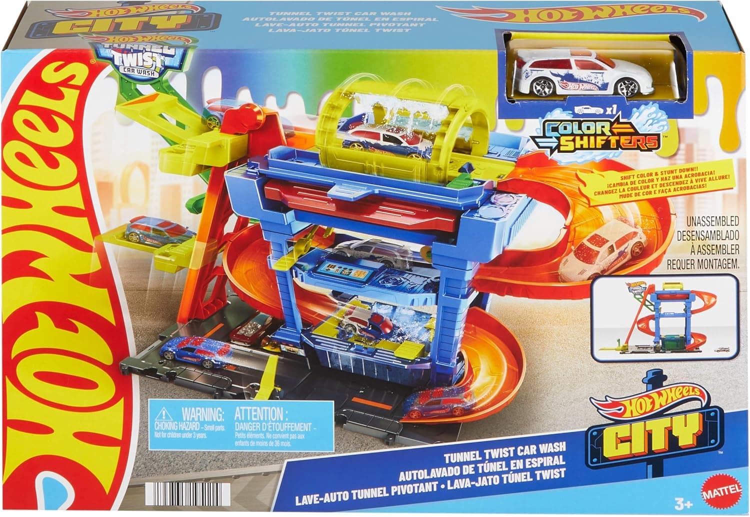 Hot Wheels 'Let's Race' Netflix - Autolavaggio con Tunnel, playset con pista e tunnel che spruzza acqua, include 1 veicolo in scala 1:64 cambia-colore in acqua calda e fredda, 3+ anni, HTN80