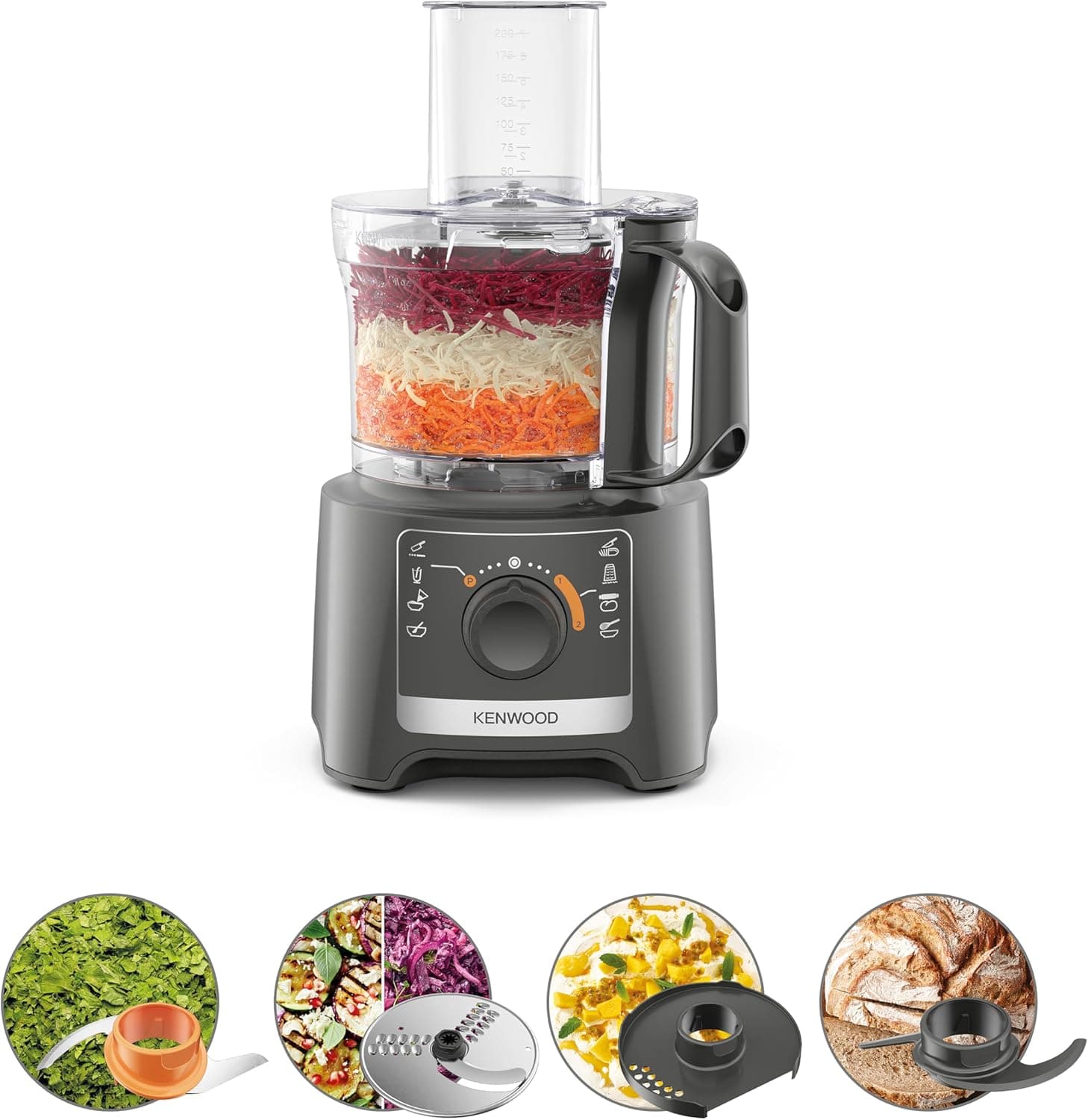 Kenwood Multipro Compact FDP31.020GY Modello 2023, Robot Tritatutto da cucina con 2 velocità di Lavorazione + Pulse, Ciotola da 2,1L, Tagliaverdure Elettrico per Tritare, Grattugiare e Impastare, 800w