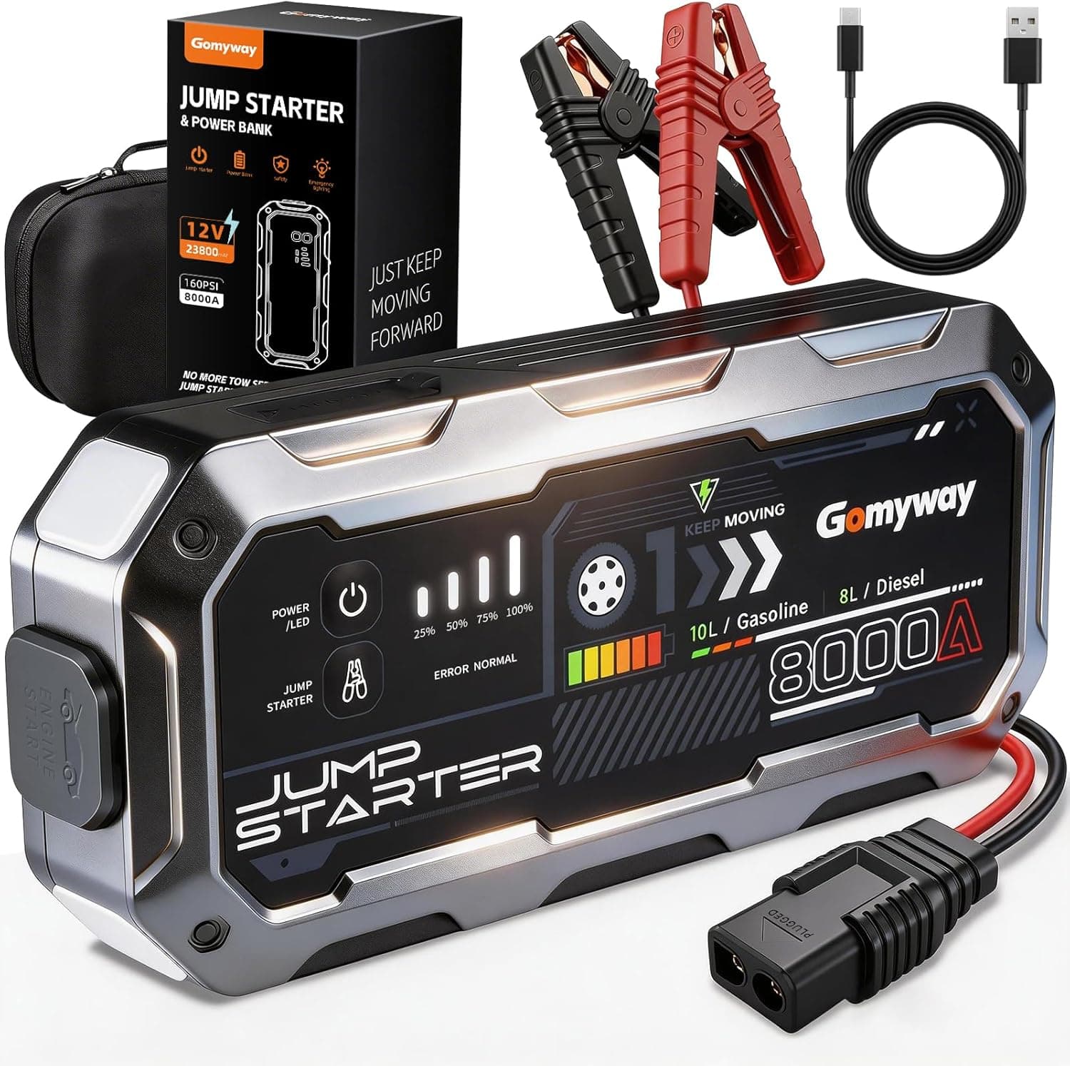 Booster Avviamento Auto 8000A Portatile Avviatore di Batteria Auto/Moto/Motoscafo(fino a ALL Gas/10.0L Diesel), 12V Avviatore di emergenza per Auto con cavo di sicurezza, LED