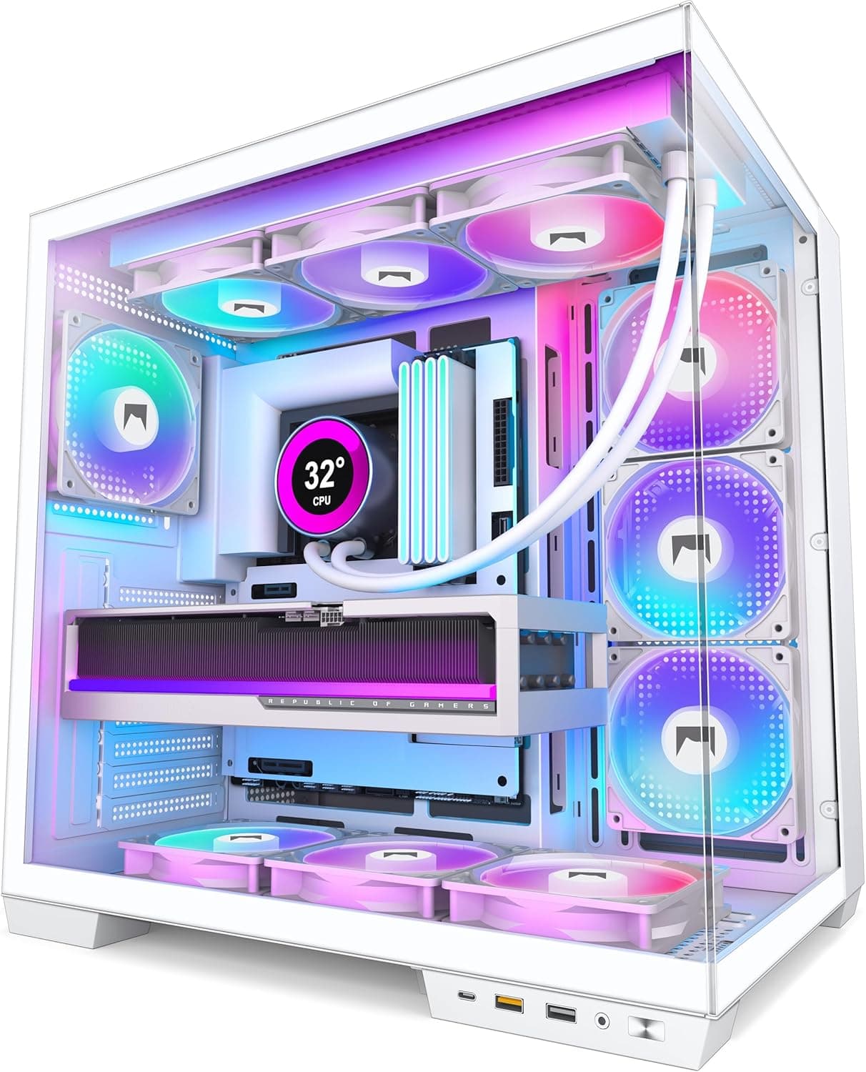 H1 Case PC ATX – Preinstallato con 7 ventole PWM ARGB, doppia camera Mid Tower Case per PC Gaming, con Type-C, può ospitare contemporaneamente 3 radiatori da 360 mm (bianco, H1)