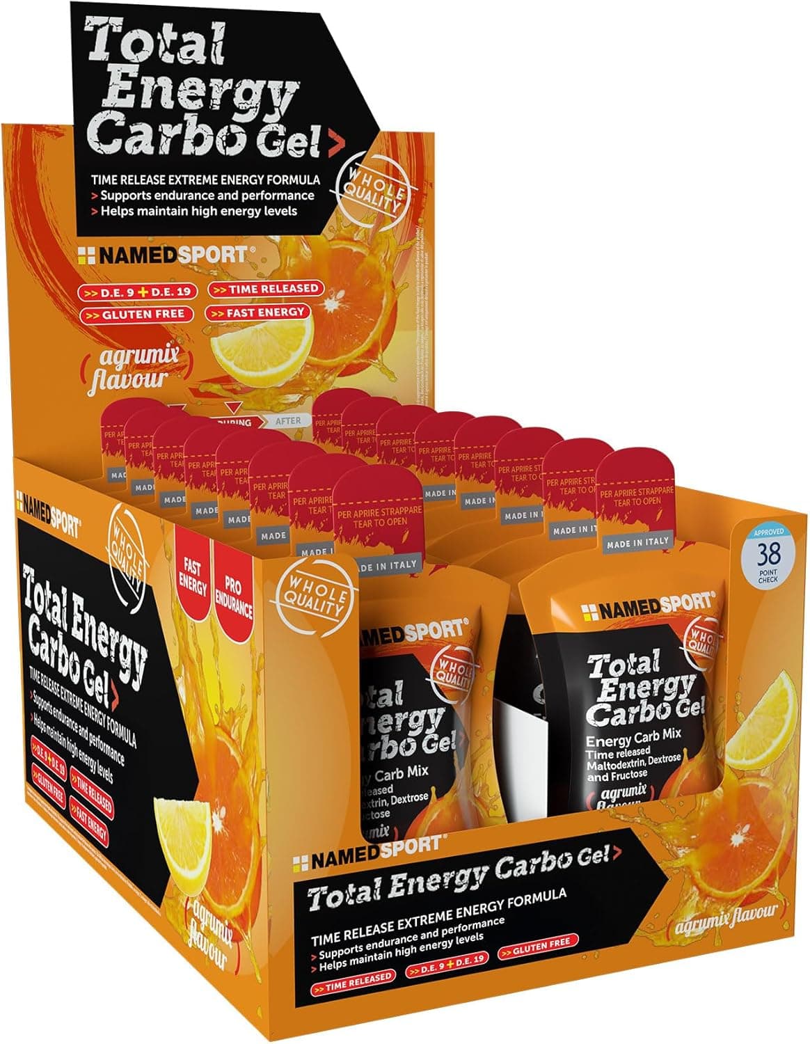 NAMEDSPORT Total Energy Strong Gel | Gel Energetico con Caffeina, Taurina e Guaranà | Sport di Endurance (Ciclismo, Running, Triathlon) | Vegano e Senza Glutine | Gusto Agrumi 24 x 40 ml