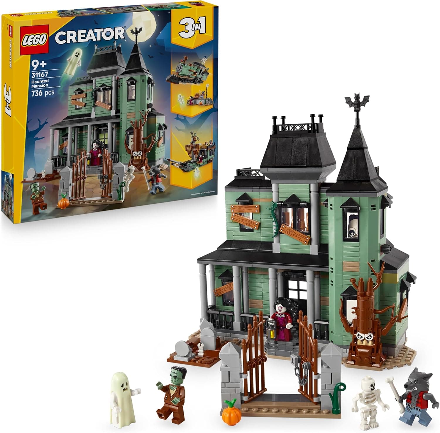 LEGO Creator 3 in 1 Villa Spettrale - Casa Giocattolo Interattiva che si Trasforma in Nave Fantasma o in Treno - Include 5 Minifigure - Regalo Creativo per Bambini e Bambine da 9 Anni in su - 31167