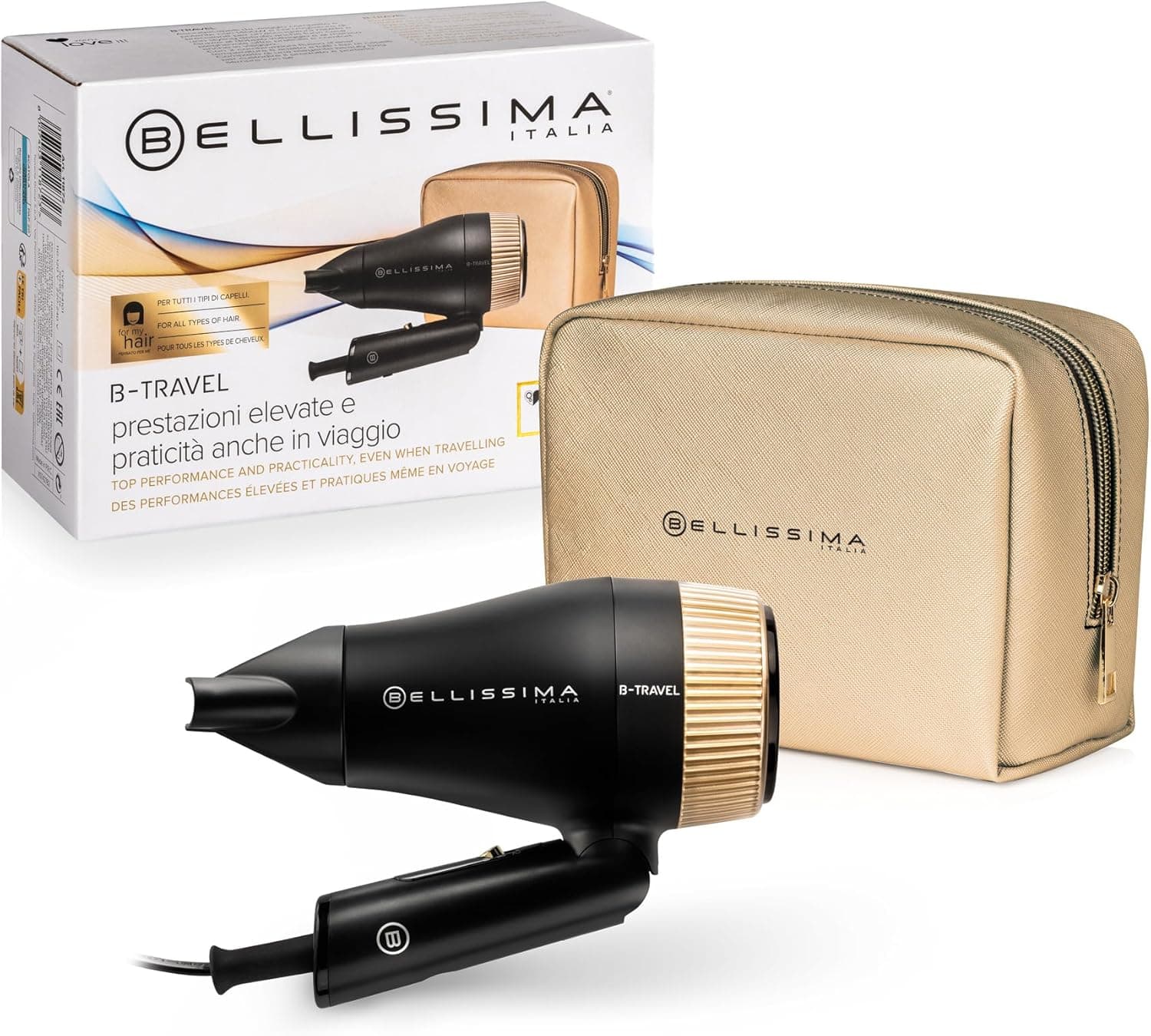 Bellissima Imetec B-Travel Asciugacapelli da Viaggio, Portatile e Compatto, 1400 Watt, Manico Pieghevole, Concentratore di Precisione, 2 Combinazioni Aria/Temperatura, Custodia da Viaggio, Idea Regalo