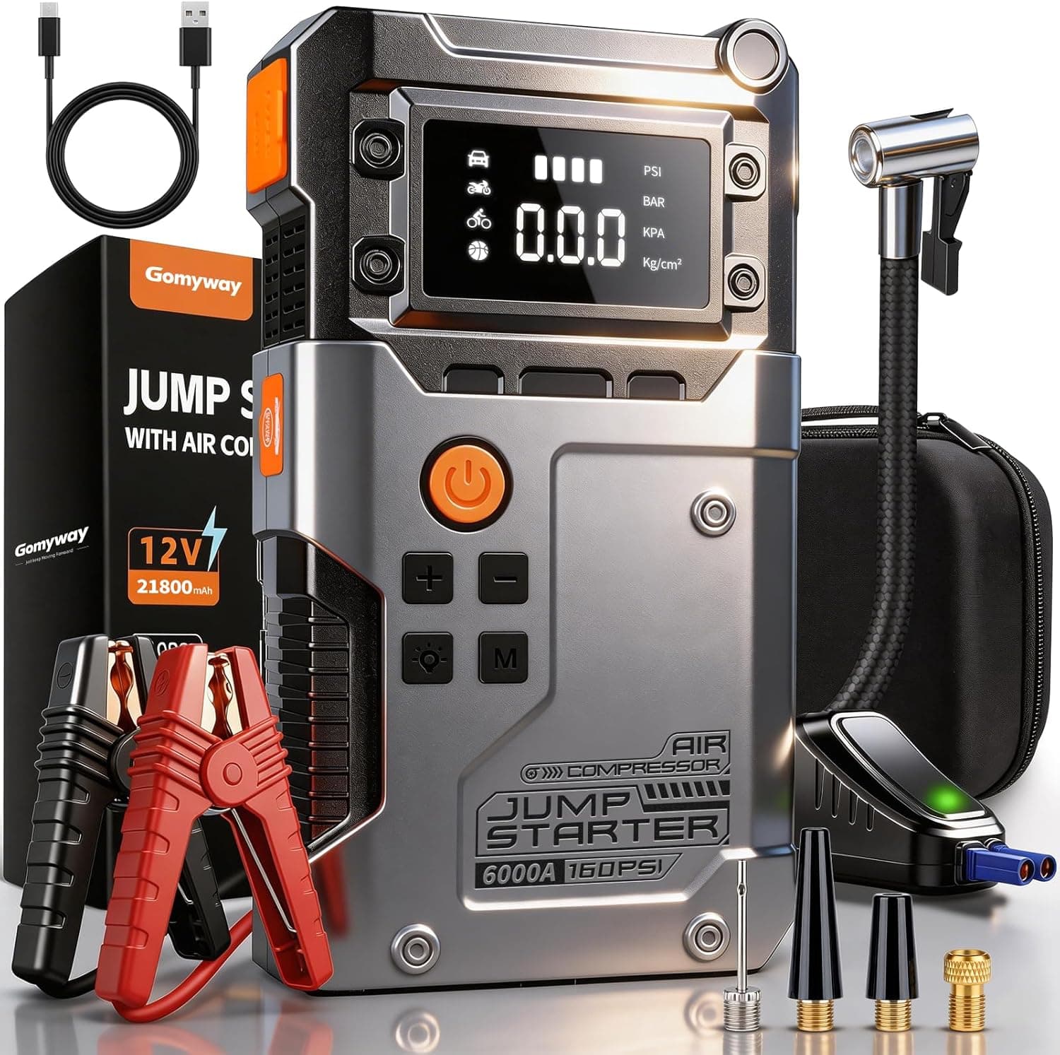 Avviatore Batteria Auto 6000A, Booster Avviatore Auto con Compressore 160PSI (per 12V 10.0L GAS e 8.0L DIESEL), Jump Starter 5V/3A,LED,Starter Batteria LCD,Avviatore Emergenza USB